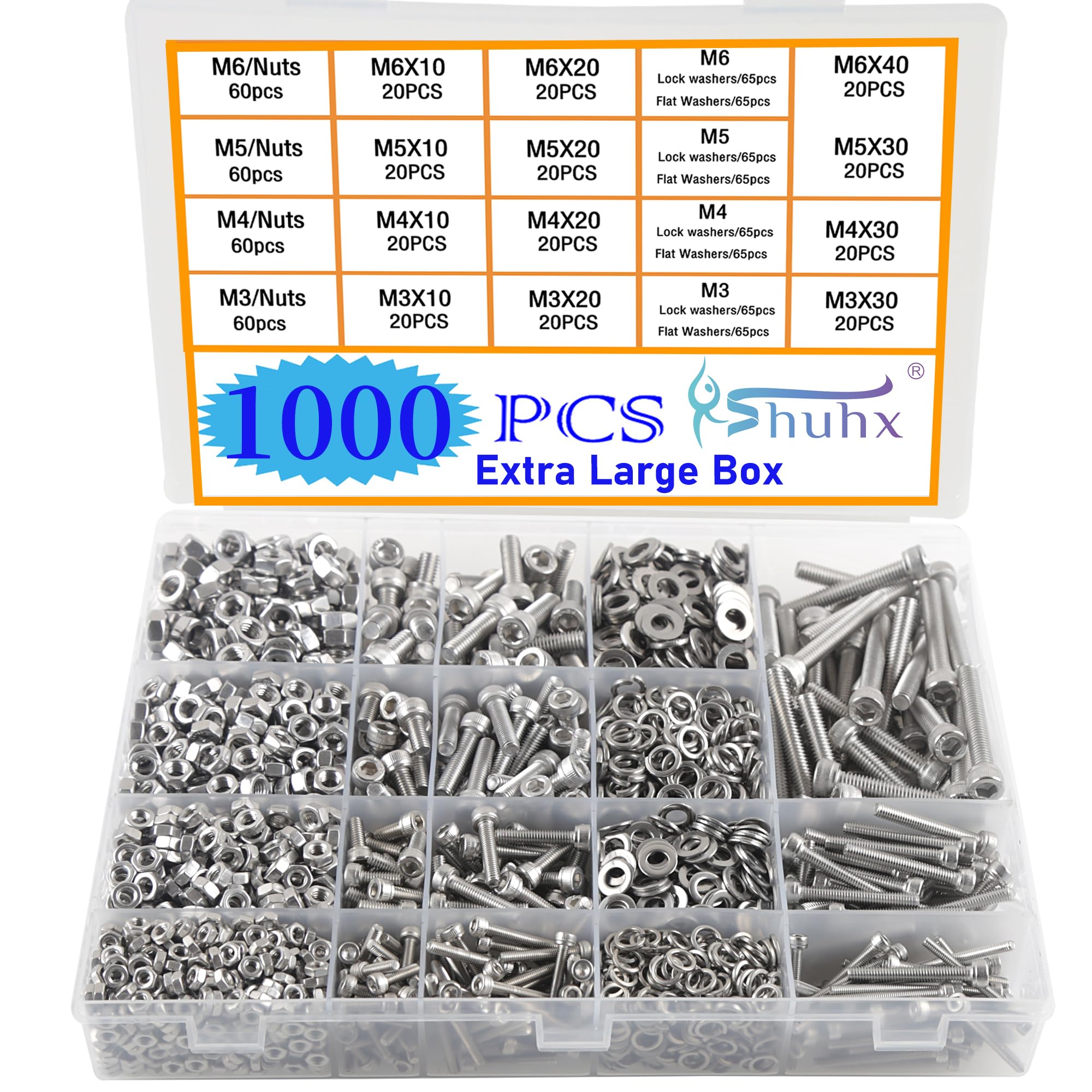Rshuhx Ext Large Nuts and Bolts Set M3 M4 M5 M6 1000pcs Hexagon Socket Cap Screws 304 Stainless Steel Mechanical Screws Washers Nuts and Bolts Assortment Kit With Storage Box Hexagonal Wrench