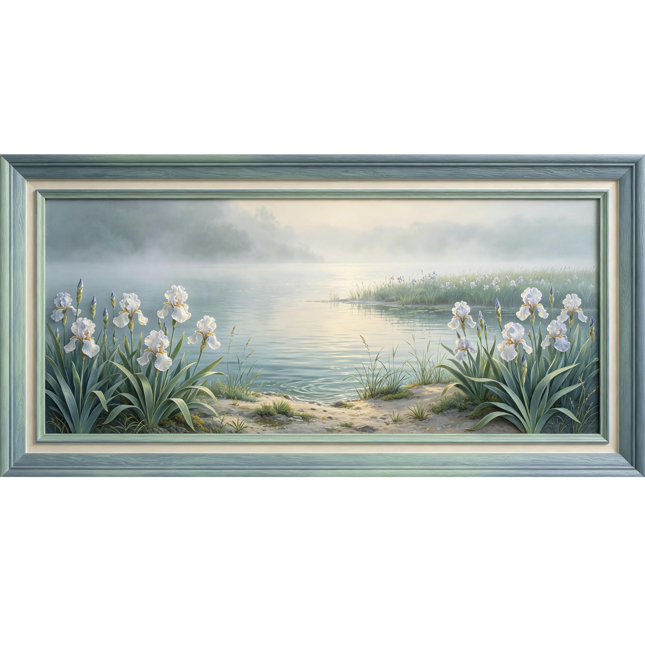 Agglomerix 3D Framed Wall Art White Iris Flower Lake Landscape Botanical Water Surface Foggy Morning Large Size SelfAdhesive Removable Wall Decor Prints Artwork for Living Room Bedroom Office