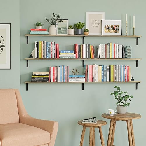 Miniatura 6 de Wallniture Nola - Estantes flotantes de 3 piezas de 60 pulgadas de largo, estantes de pared rústicos para cocina, sala de estar, madera de Paulownia