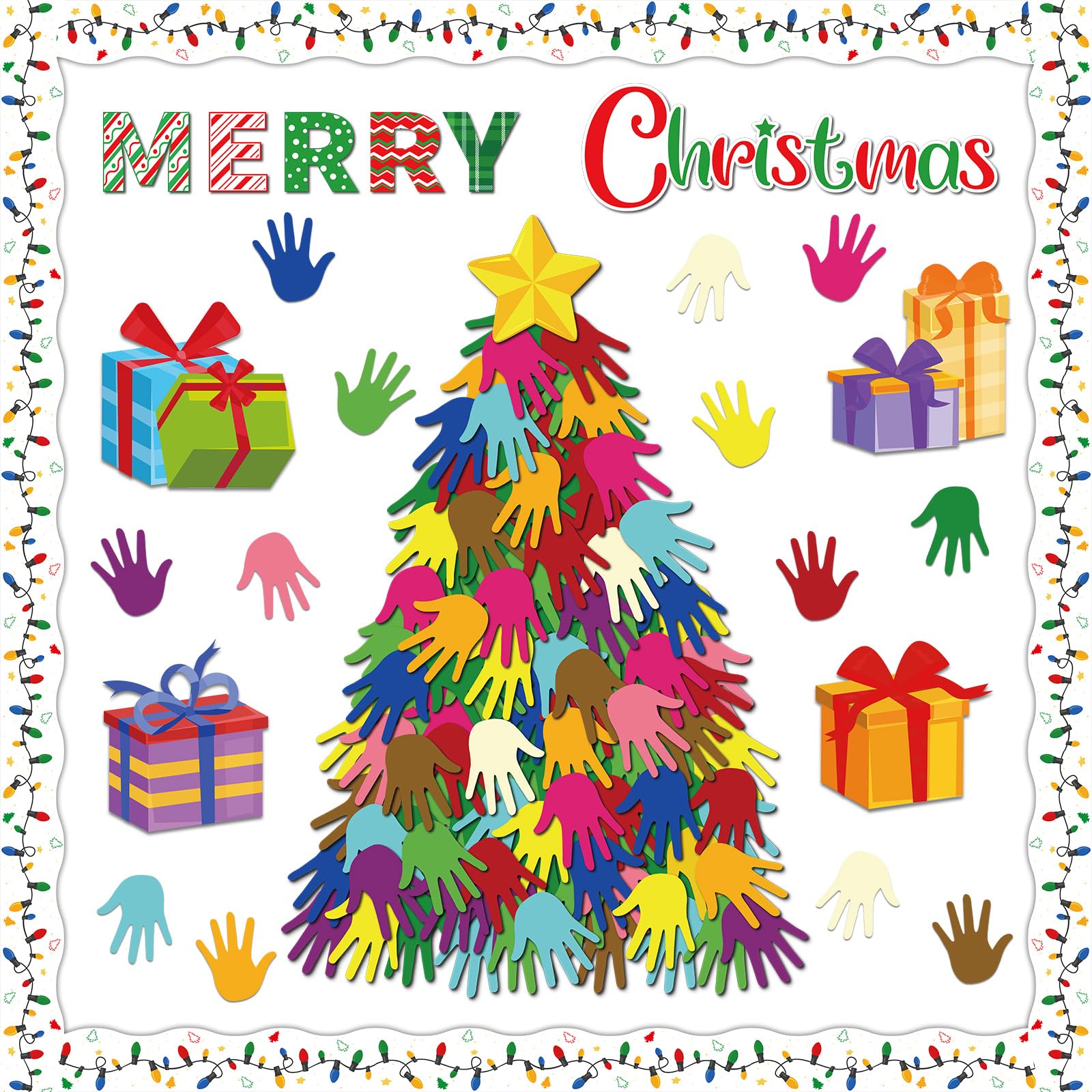 Christmas Bulletin Board Decoration Set Xmas Tree Handprint Name Tags Cutouts for Xmas Holiday Bulletin Board Decor Craft Home Wall(Merry Christmas)