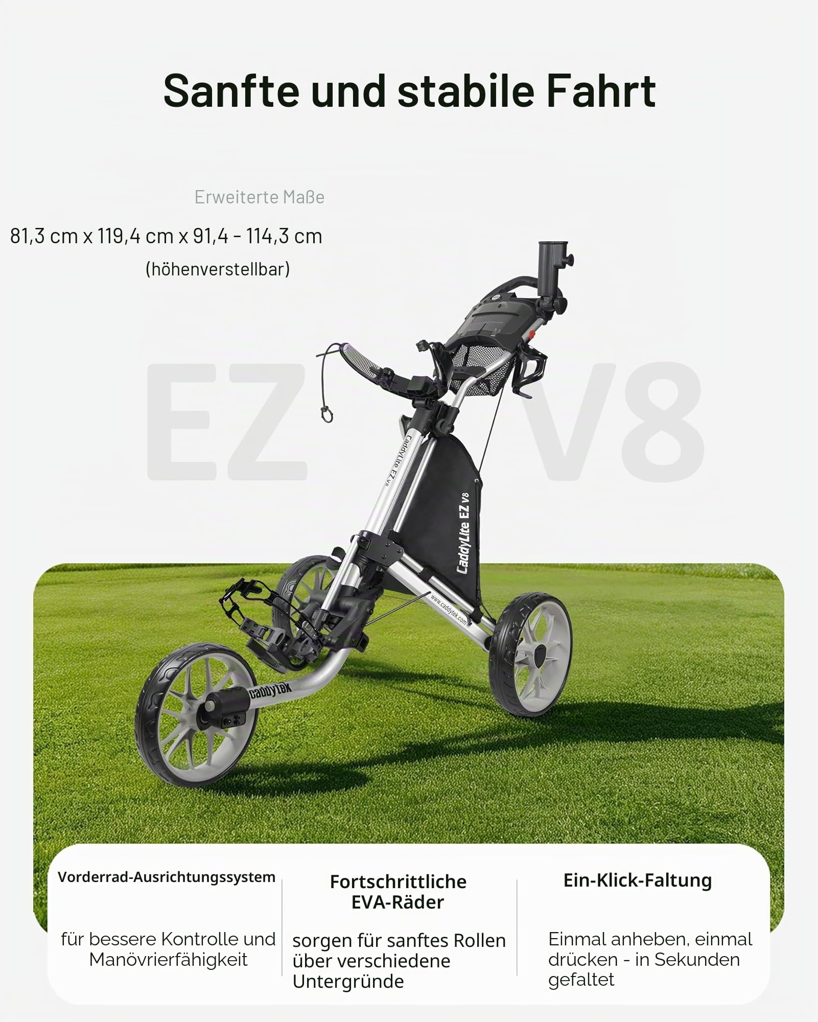 Caddytek CaddyLite EZ V8 Golfwagen mit 3 Rädern, zusammenklappbar, leicht, mit Fußbremse, einfach zu öffnen und zu schließen