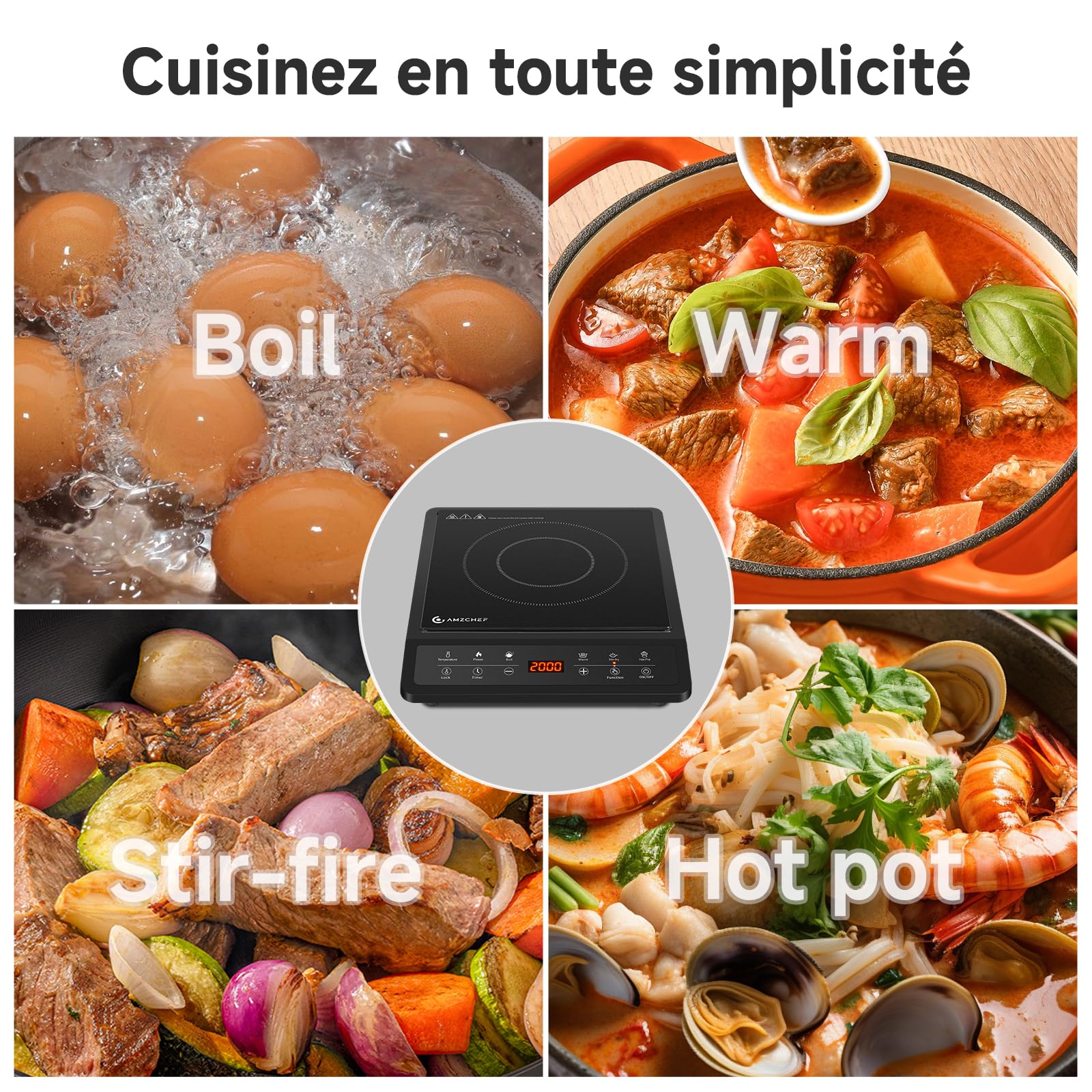 AMZCHEF Plaque Induction, Plaque à induction, 20 Réglages de Rempérature et de Puissance, Design Slim avec Plaque en Céramique Noire, Commande par Capteur, Timer 3H.