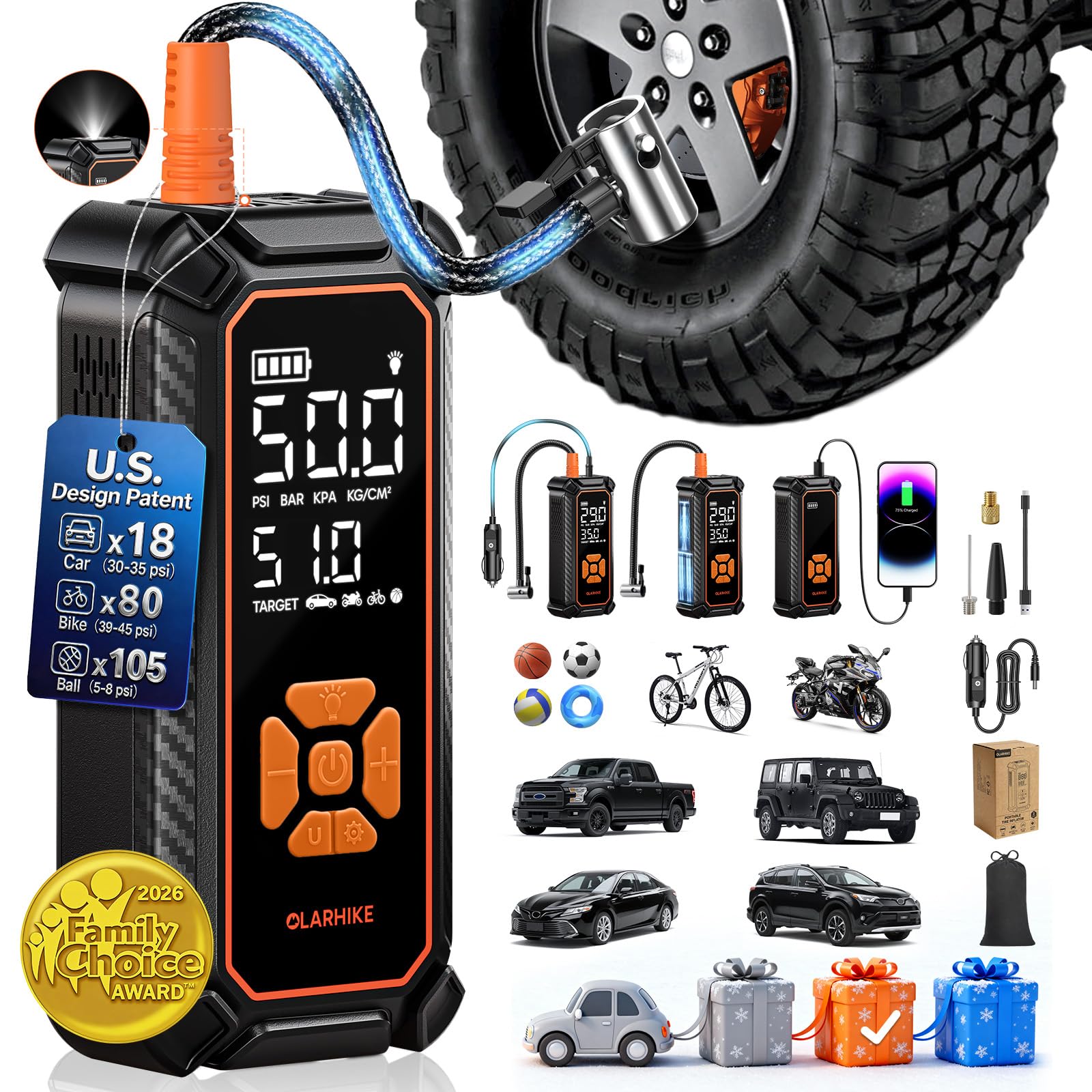 OlarHike Tire Inflator Portable Air Compressor,Dual Power-3*2000mAh &amp;12V DC
