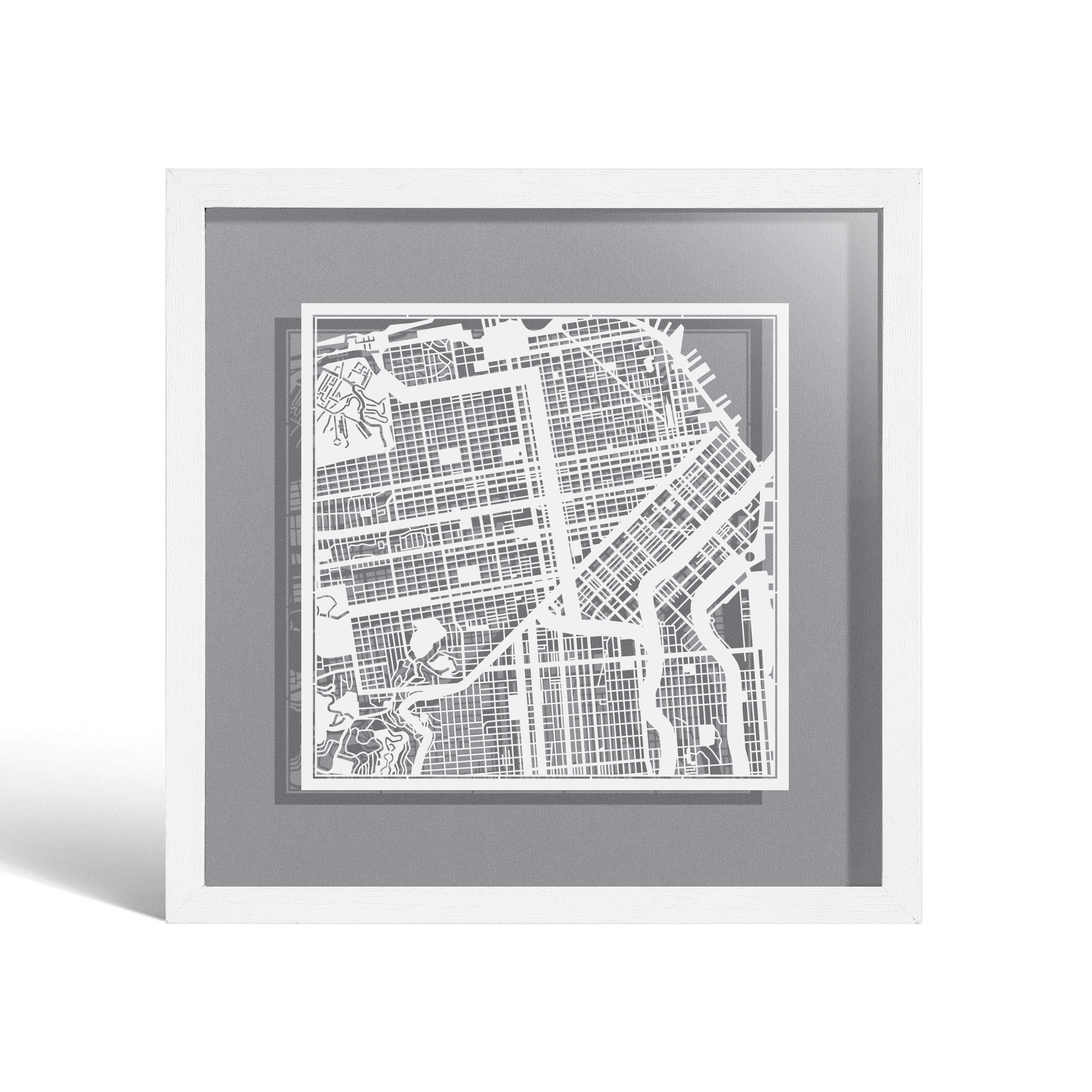 O3 DESIGN STUDIO San Francisco Paper Cut Map framed, White map, White frame, 9x9 inches, Gift Boxed, 4 background color, self-changing, Paper Art โ image 1