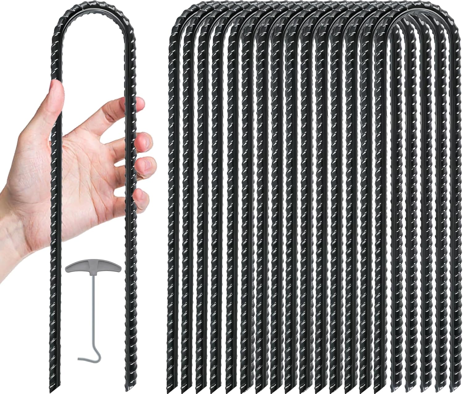 Gtongoko Trampolines Wind Stakes 16 Pack 16 Inch, 0.3 Inch Thick Heavy Duty U Shaped Rebar Tent Stakes Ground Anchors Galvanized Steel Safety Trampoline Anchors for Camping Tents, Soccer Goals