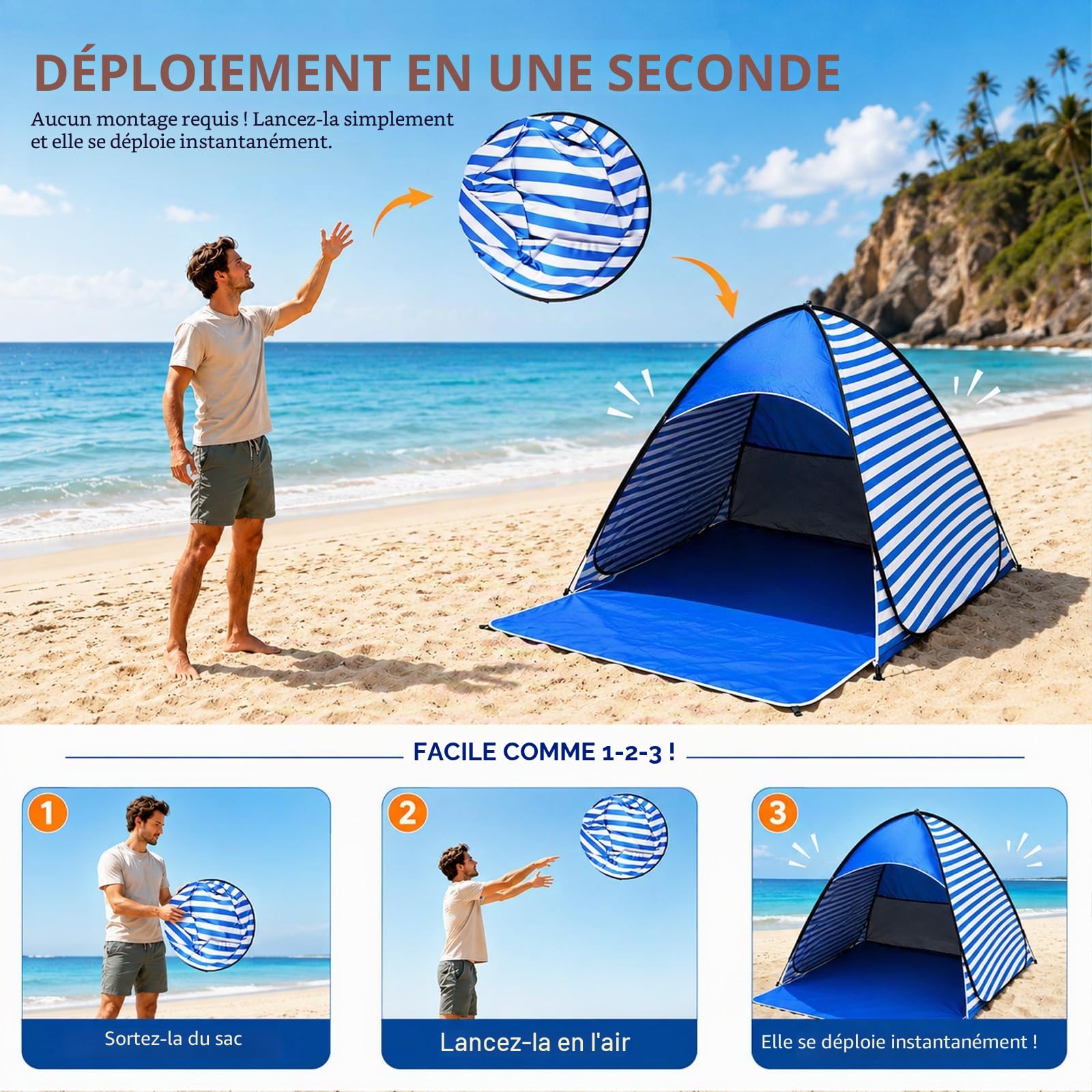 Tente de Plage Pop-Up, Abri de Plage Pop-Up, Protection UV 50+, pour 2 à 3 Personnes, avec Sac de Rangement et Sardines, Idéal pour Le Camping Familial, Les Pique-niques et la Plage (Bleu)