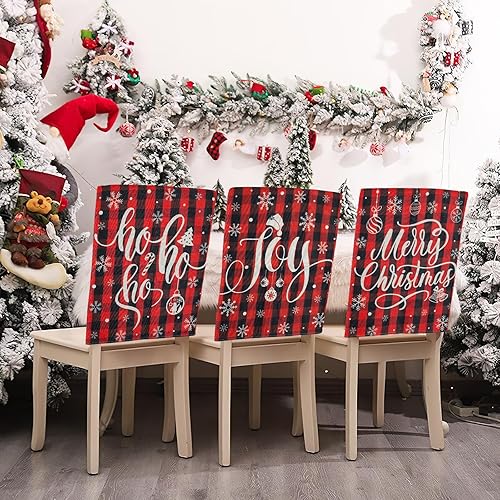 Miniatura 3 de Juego de 6 fundas navideñas para sillas de comedor, diseño de búfalo rojo y negro, para decoración navideña de invierno con copos de nieve