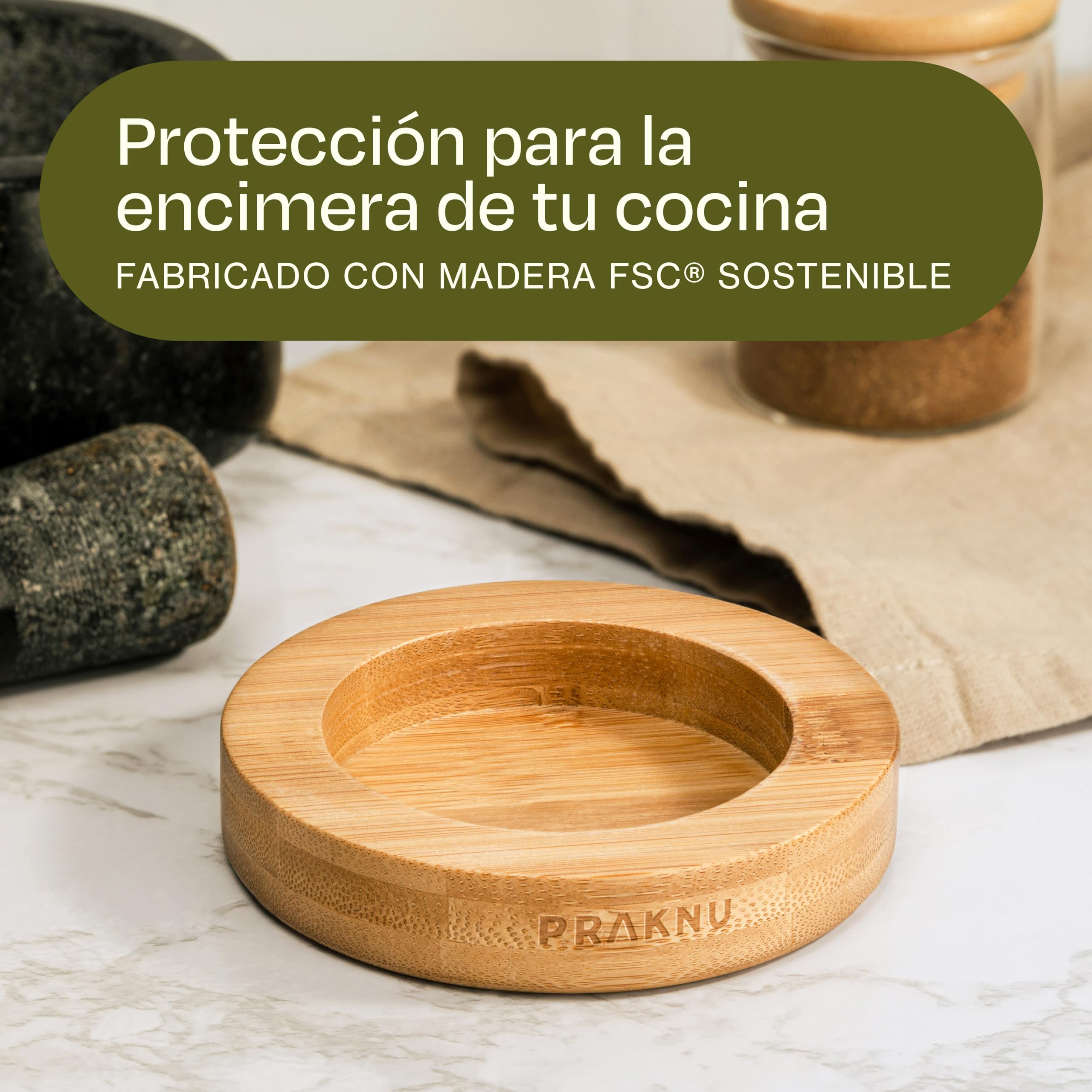Praknu Mortero y Maja de Cocina pequeño - Granito Robusto y Duradero - Con Protector de Superficies de Madera Sostenible - 120 ml Capacidad