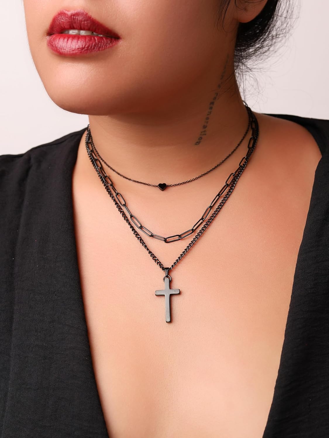 Sacina Goth Layered Black Cross Pendant Necklace, Grunge Gothic Emo Necklace - Image 2