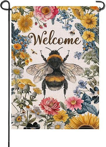 Miniatura 9 de Artofy Bandera decorativa grande de primavera y verano con diseño de abejorro de abejorros para casa, decoración exterior de jardín con flores de