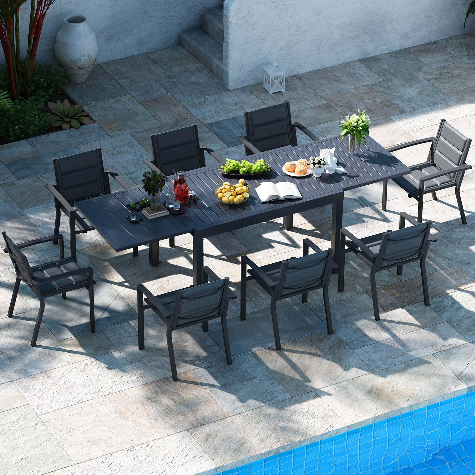 TRIUMPHKEY Set Tavolo e Sedie da Giardino per 8 Persone con Tavolo e Sedie da Esterno Allungabile (130-260 cm) e 8 Sedie Impilabili in Alluminio - Set per Terrazzo e Giardino, Grigio scuro