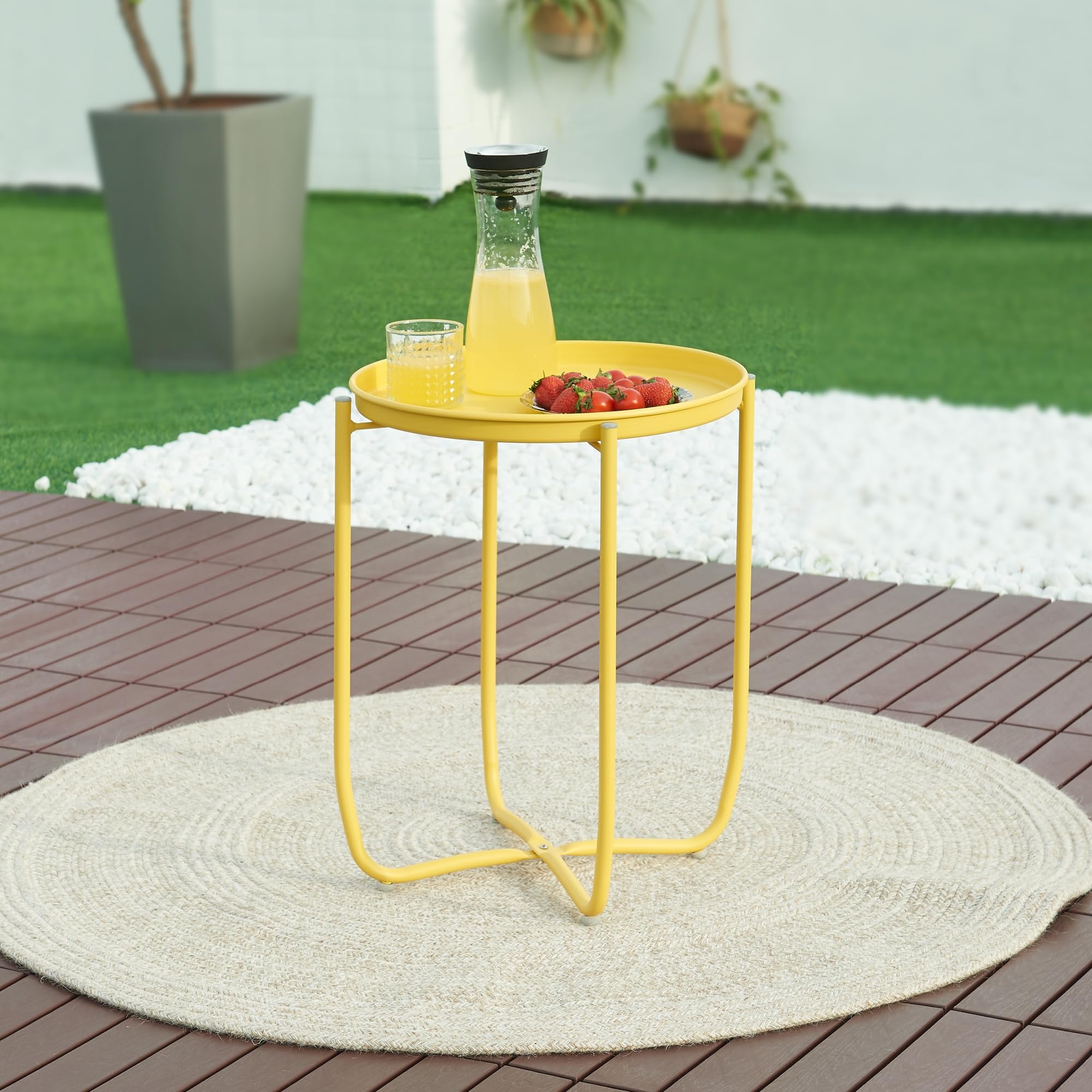 [en.casa] Table Basse avec Plateau Rond Amovible Table d'Appoint pour Extérieur Intérieur Jardin Terrasse Balcon Table de Bistrot Design Intemporel Acier 53 x 40 cm Jaune
