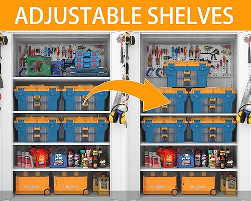Miniatura 5 de Armario de almacenamiento de metal alto y ancho mejorado con puertas y 4 estantes ajustables  Armario de garaje negro resistente con ruedas y