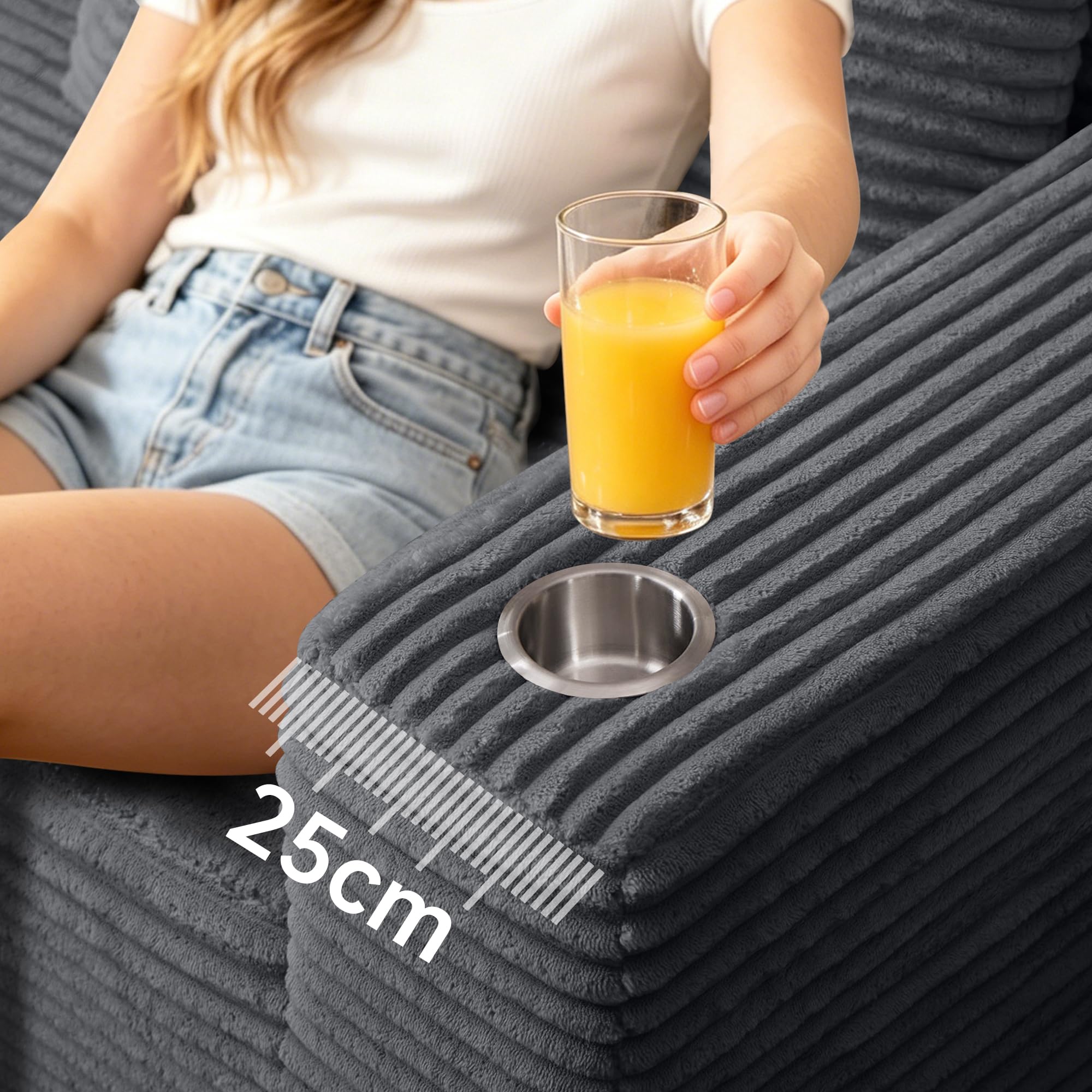 Sofá Esquinero, Modular Forma L Sofá de 3 Plazas, Sofa Chaise Longue para Sala de Estar, no Requiere Montaje, Tela de Pana, 261x126x59cm, Gris Oscuro