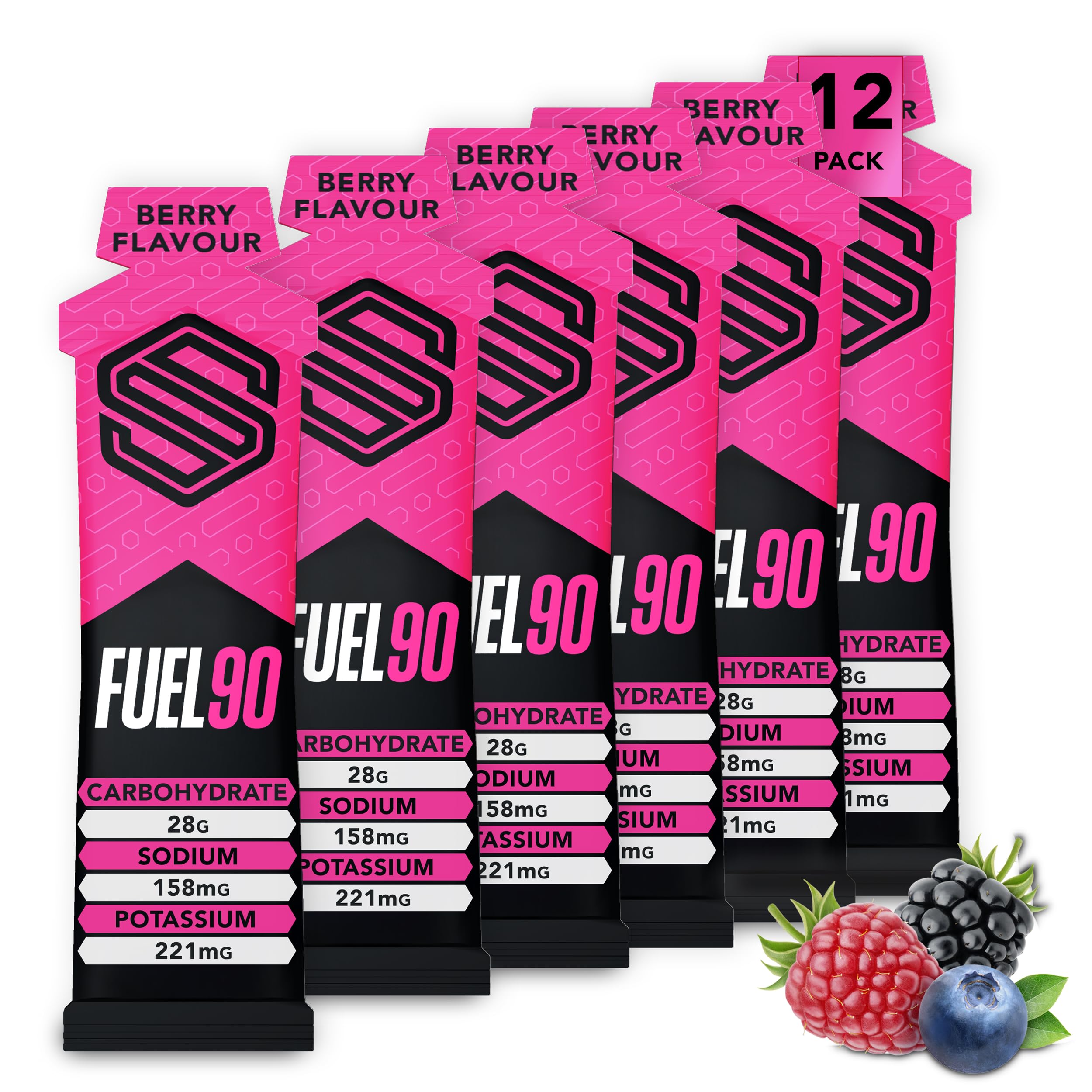 Fuel90 Quick Release Energy Gels (12 Pack), Sports Gels with Carbohydrates and Electrolytes, Mixed Berry Flavour