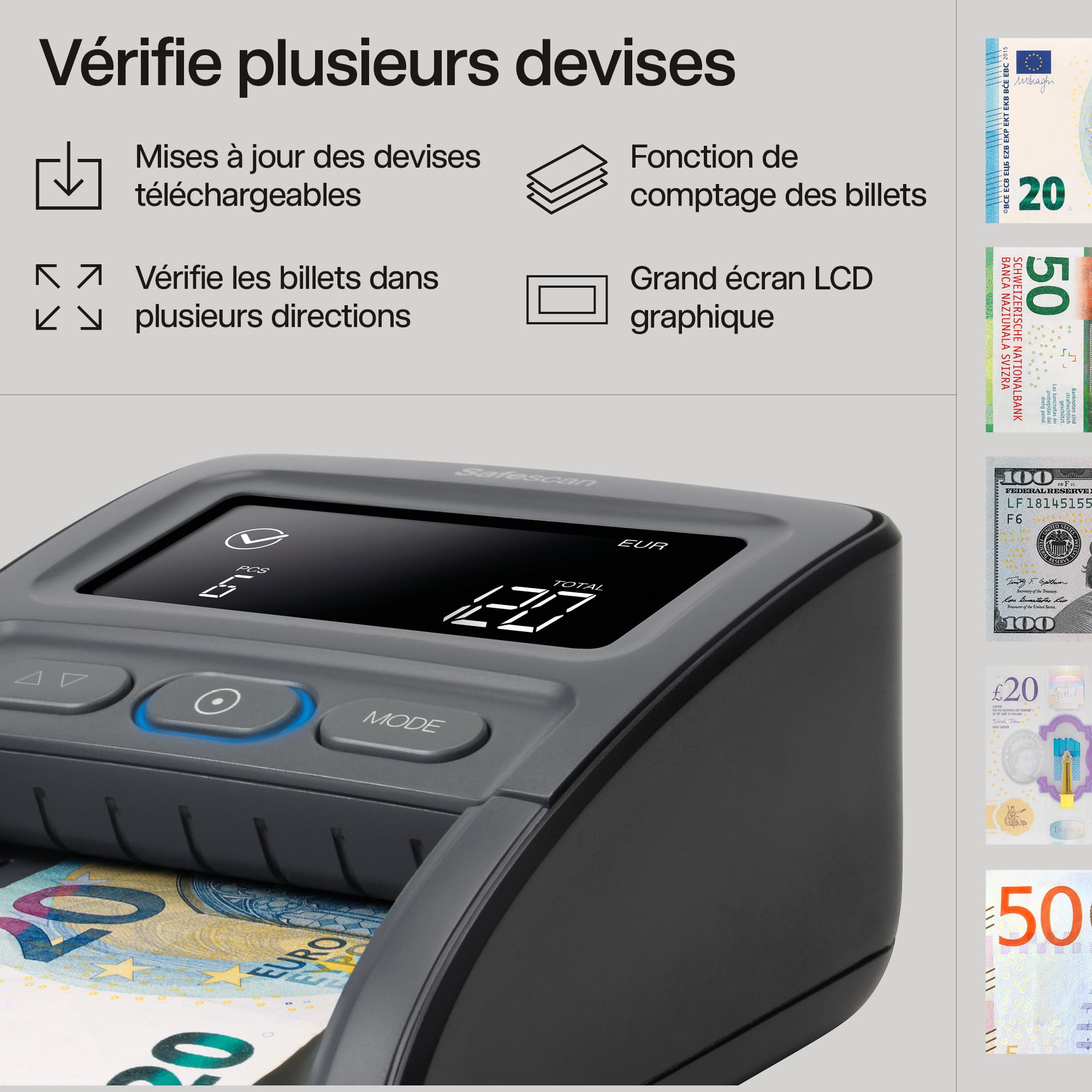 Safescan 155-S détecteur de faux billets automatique pour vérifier rapidement les billets - Détecteur avec détection sur 7 points - Machine de vérification d'argent 100% précise