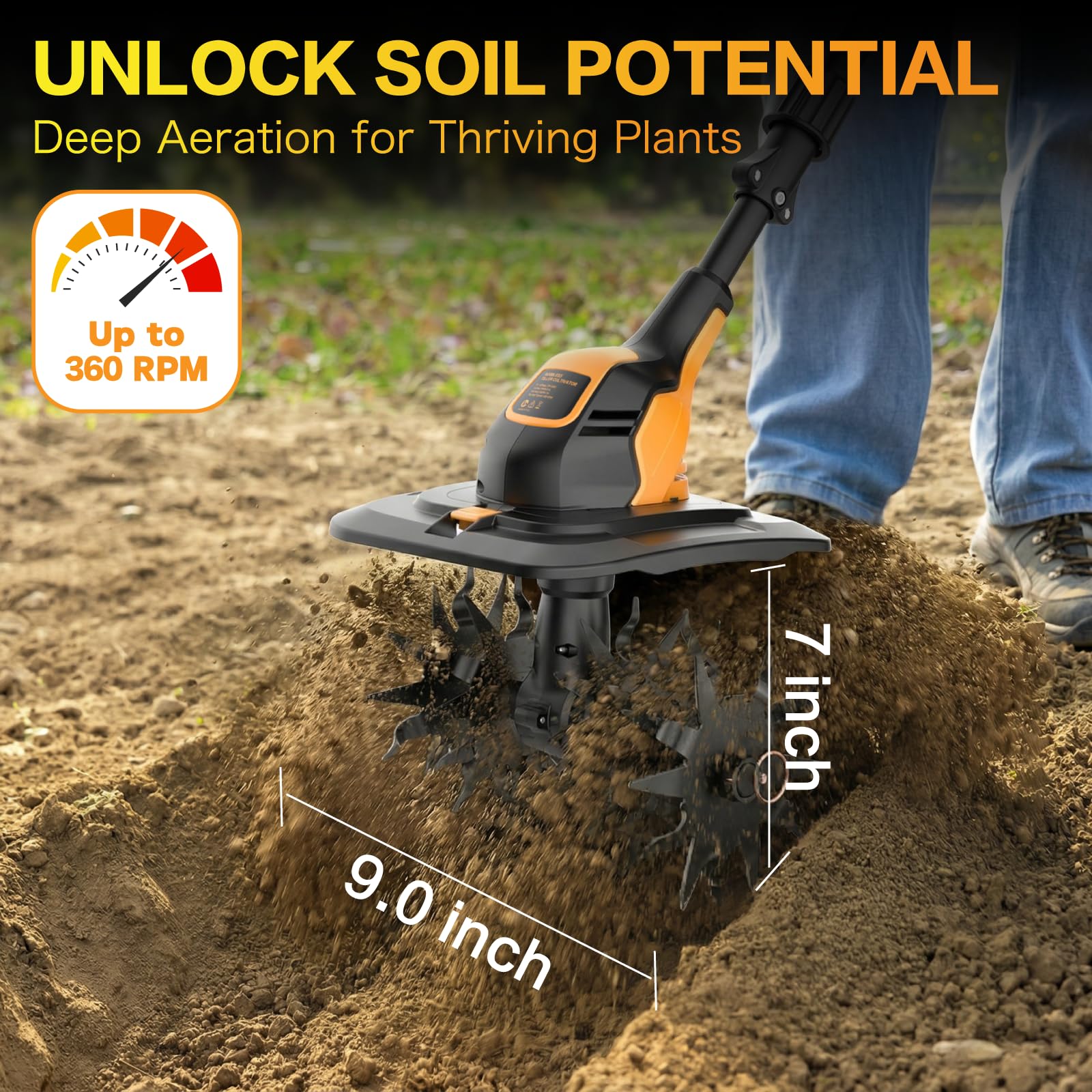 Fresa de jardín con batería de 4,0 Ah y cargador – motoazada 360 rpm, ancho de trabajo de 23 cm, profundidad de trabajo de 18 cm, azada inalámbrica y fresadora para césped, bancal y jardín