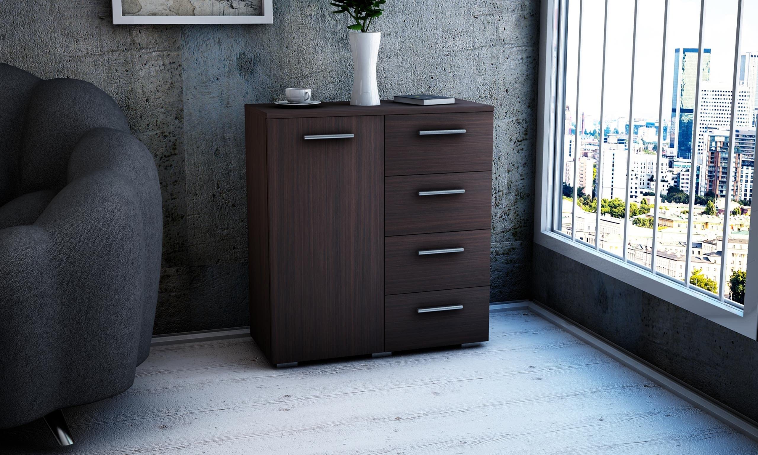 MATKAM Cómoda Helena 80 x 84,5 x 35 cm, aparador con 4 cajones y 1 Compartimento con Puertas, Ideal para despacho, recibidor, salón, habitación Juvenil o Infantil (wengué)