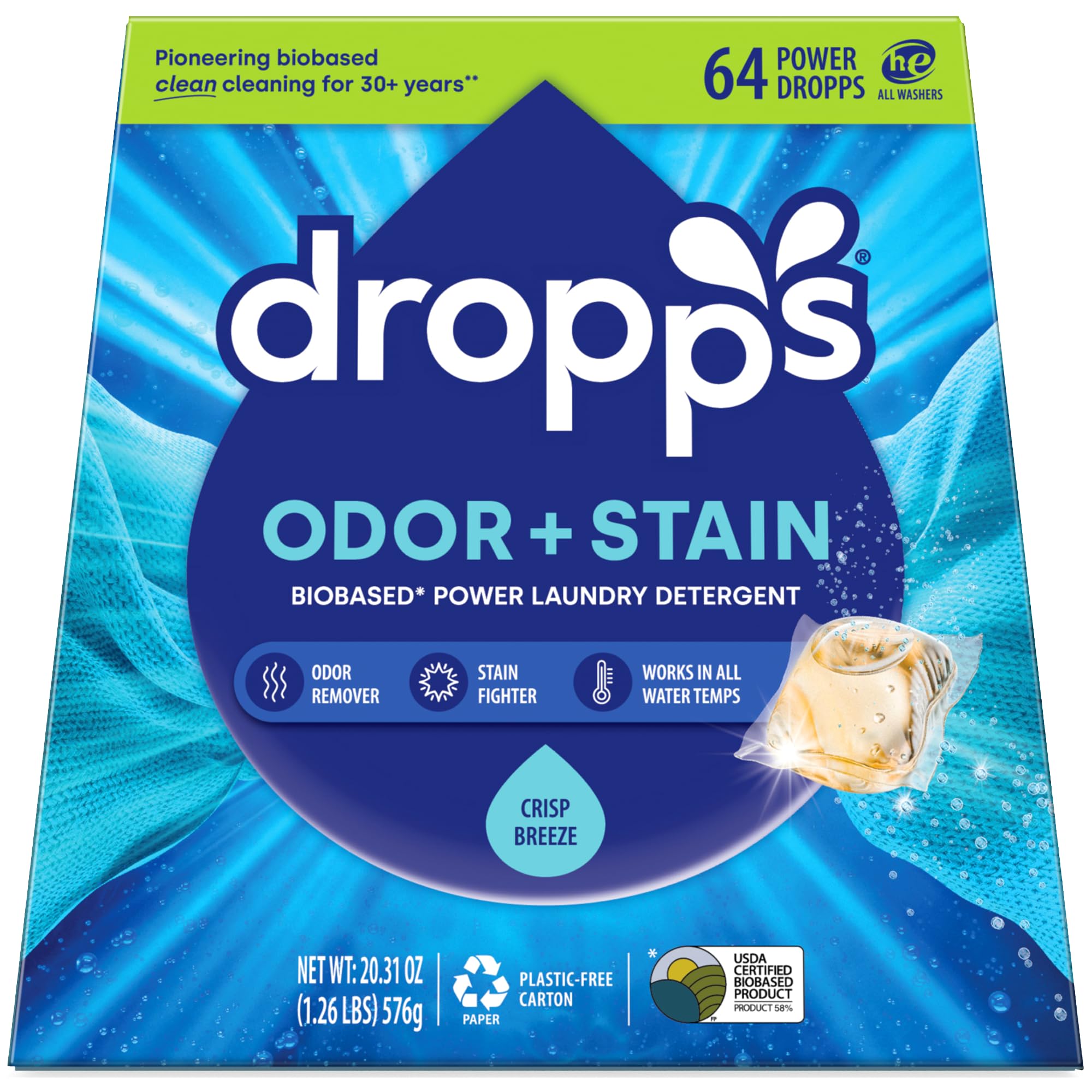 Dropps Odor & Stain Biobased Power Laundry Detergent Pods, Crisp Breeze HE Compatible Laundry Pods for Fresh Clothes - Laundry Soap Supplies & Recyclable Paperboard Packaging