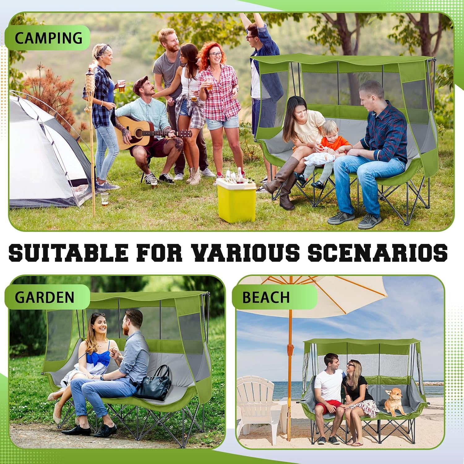 Teenyyou 3 Person Camping Chair with Canopy – Ultimate UV Sun Protection, 700lbs Heavy Duty Oversized Beach Chair, Foldable Portable Sofa with Cup Holder & Storage for Beach Lawn Outdoor(Green)