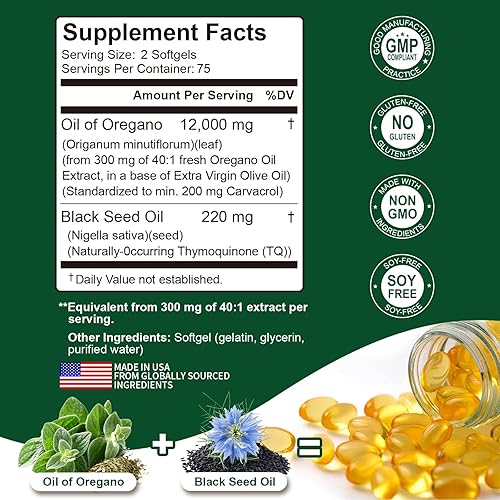 Miniatura 2 de 150 cápsulas blandas de aceite de orégano con aceite de semilla negra, suplemento de orégano 2 en 1 para la salud inmunológica, conserva carvacrol y