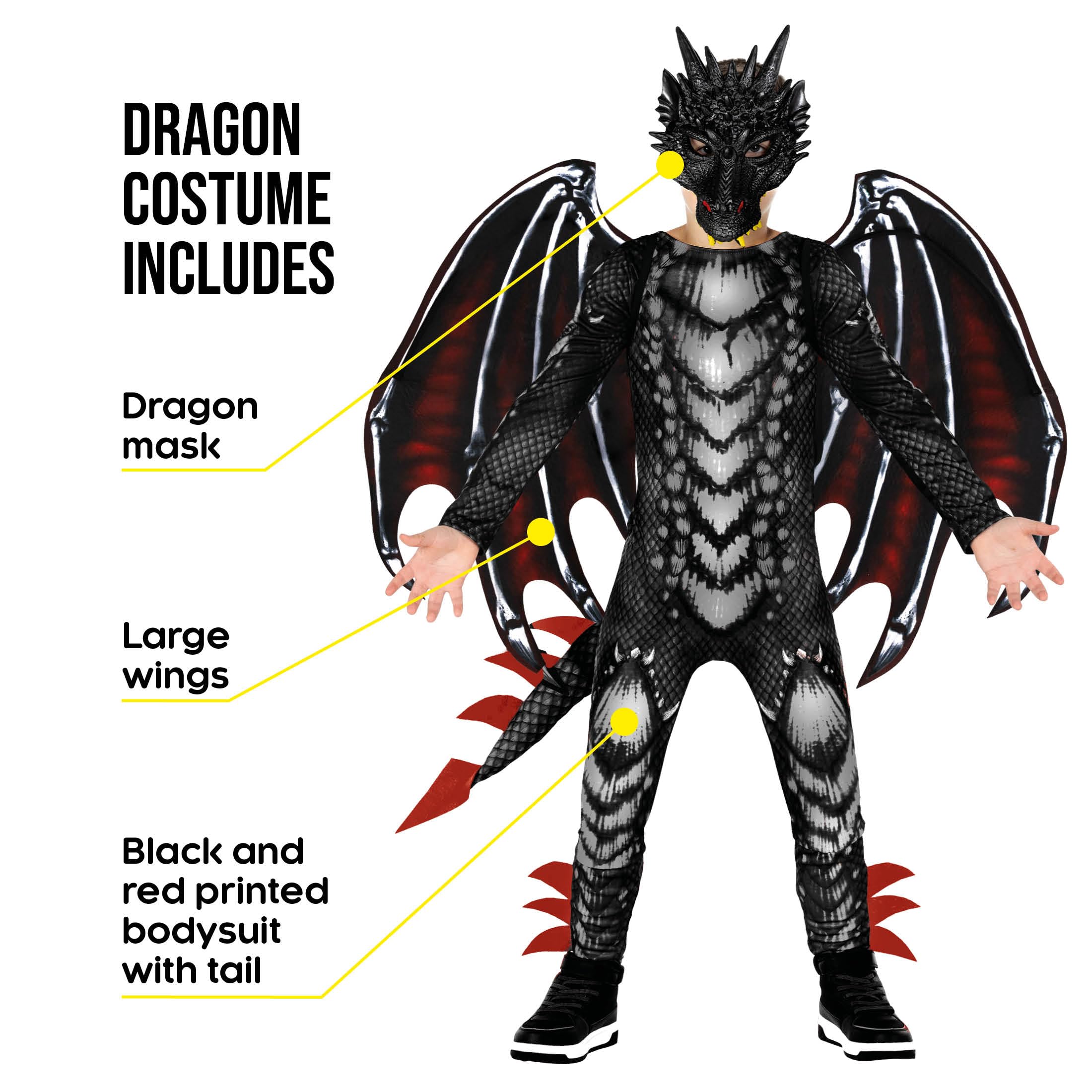 Morph Black Red Dragon Costume Kids Dragon Costume for Boys Jumpsuit Halloween Costumes for Kids S (4-6Y) - Image 2