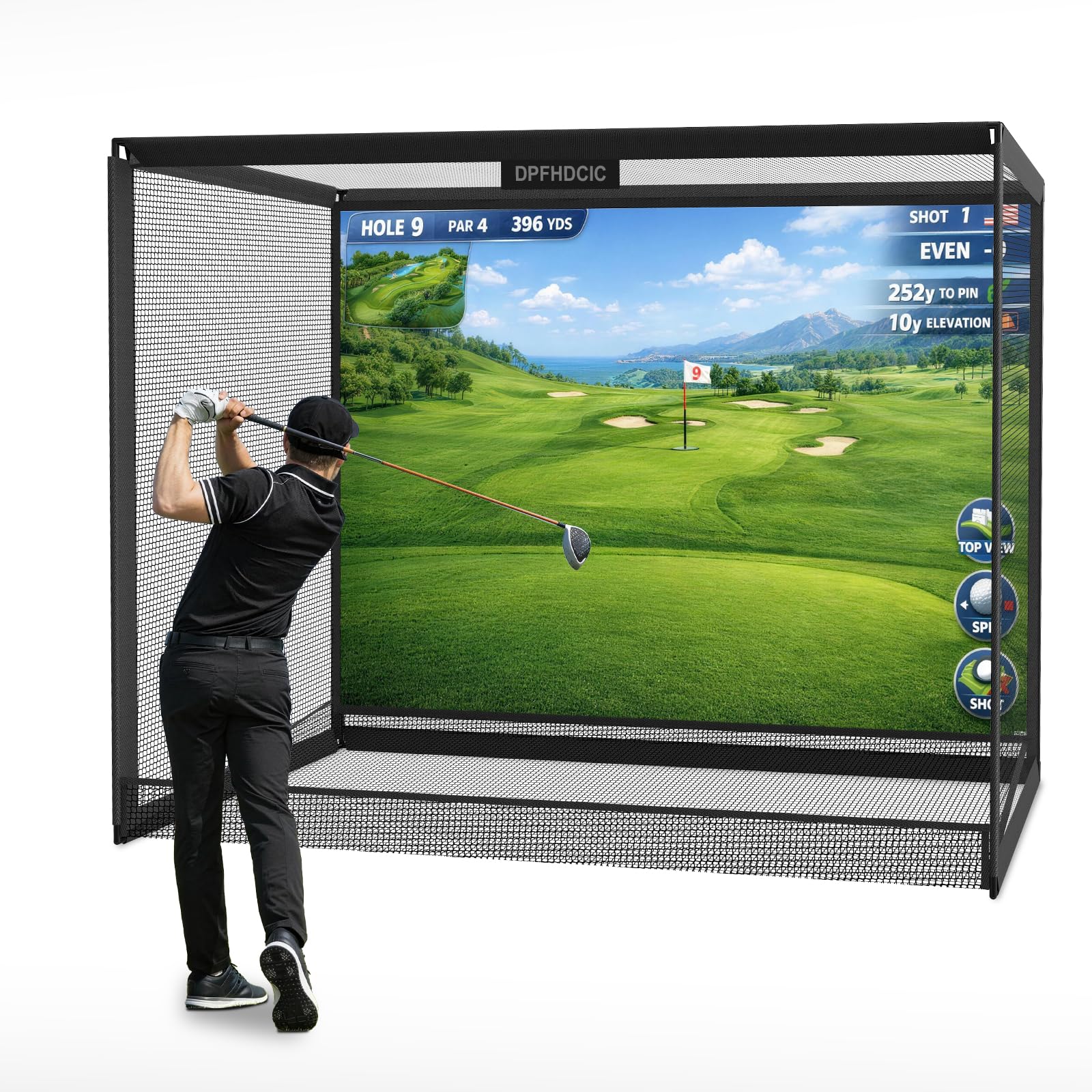 Photo 1 of DPFHDCIC Golf Simulator Enclosure 10x8x5 FT - Indoor Golf Simulator Kit with HD Impact Screen Home Golf Training Cage with Steel Frame Poles for Garage Basement Practice Setup