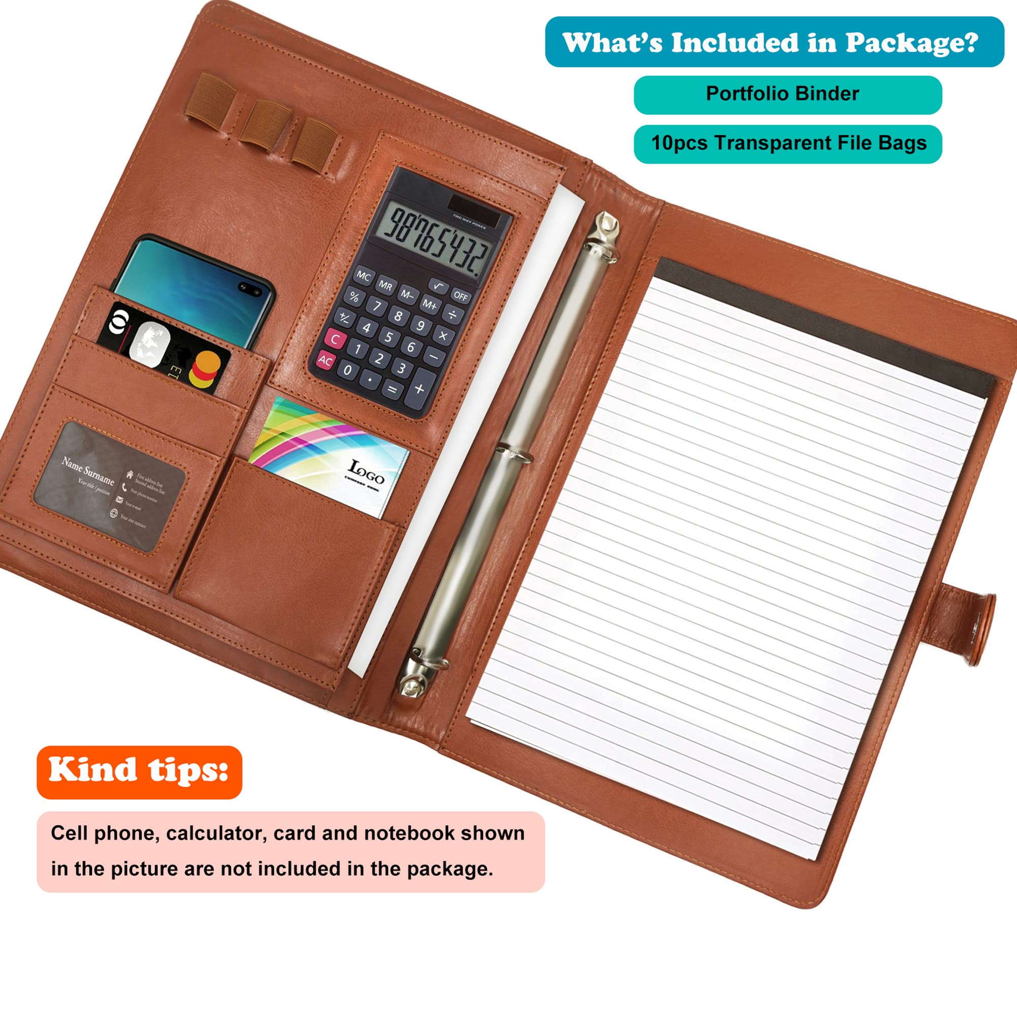 Portedocuments (3 anneaux) en cuir marron avec blocnotes au format lettre, 10 pochettes de fichiers, portecartes, portestylo, organiseur pour carnet de notes, organiseur pour entretien,