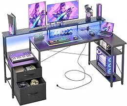 BEXEVUE Bureau d'angle LED Prises Courant – 165x80cm Ergonomique Bureau Forme L, 2 Tiroirs Etagères Rangement Réversibles, Grand Support Ecran, Moderne Table Ecriture pour Etudier Jouer Chambre Maison