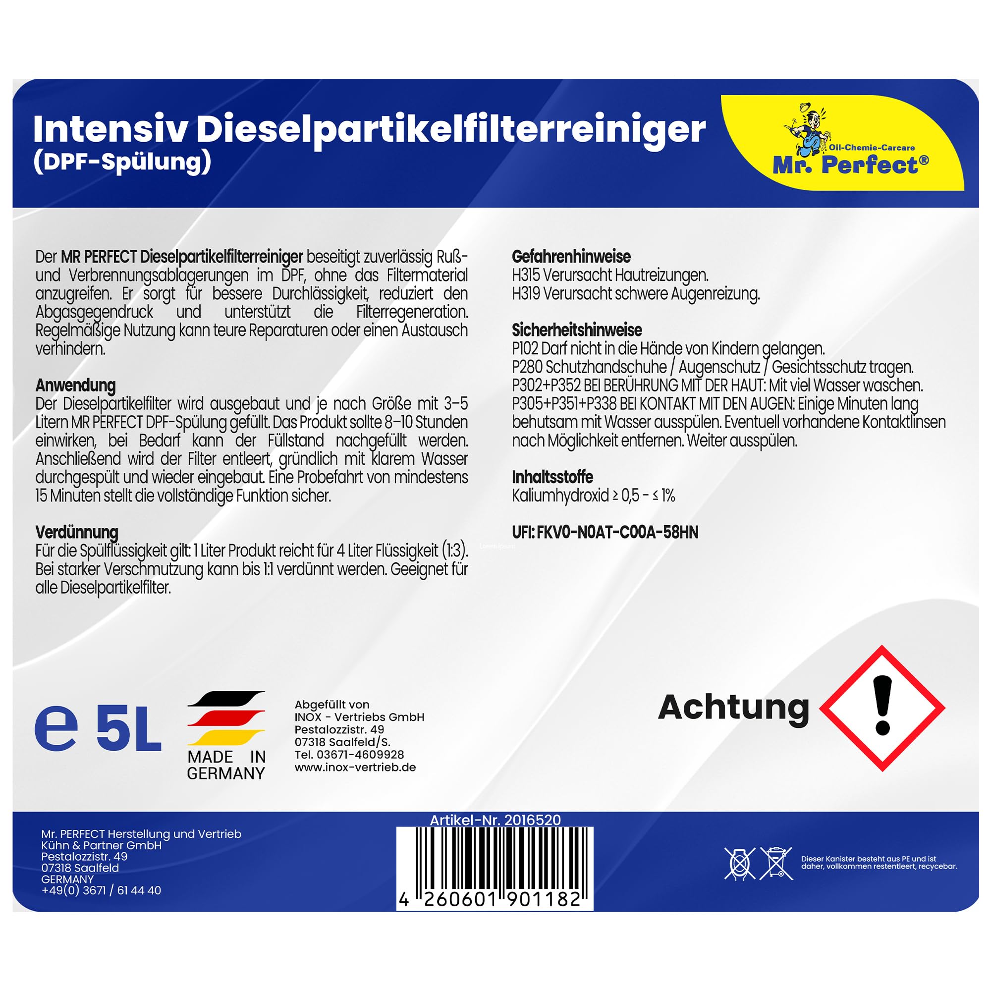 Mr. Perfect® Rinçage intensif du filtre à particules diesel, 1L - Nettoyant pour filtre à particules pour moteurs diesel DPF