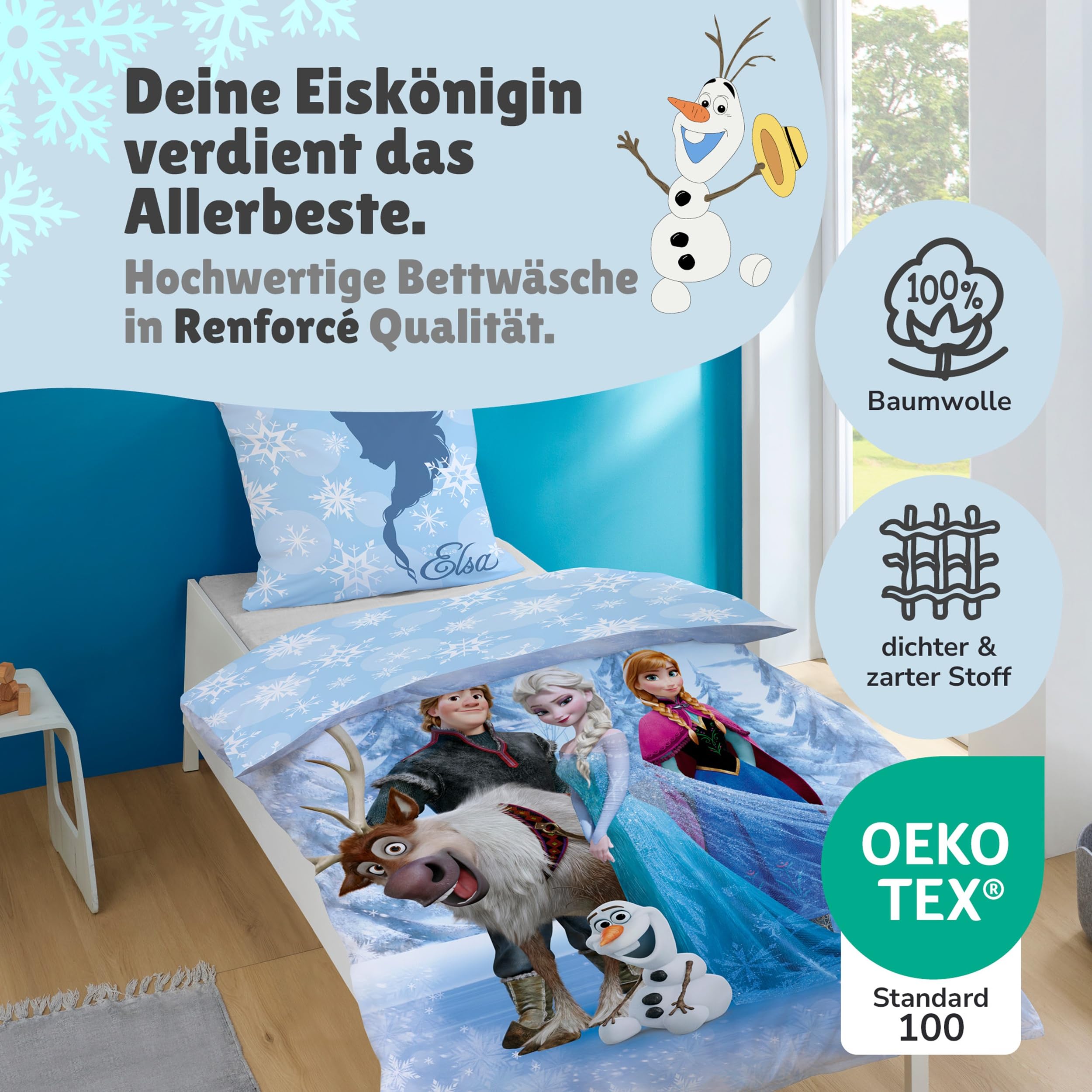 Familando – Frozen Anna, ELSA, Sven & Olaf Bettwäsche-Set (2-teilig) – Decken- & Kissenbezug 135x200 cm & 80x80 cm mit Reißverschluss – Renforcé – Atmungsaktiv & hautfreundlich – Öko-TEX Zertifiziert