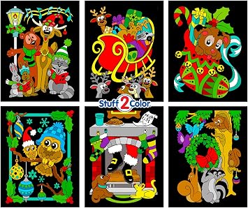 Christmas Animals Fuzzy Coloring Poster 6 Pack Great for Holiday Activities & Family Get Togethers - Arts and Crafts Project for Girls, Boys, Toddlers, Parents, and Teens [Santa, Sleigh, and More]