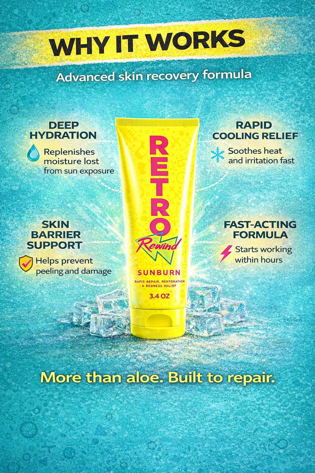 RETRO Rewind Sunburn After Sun Creme, schnelle Reparatur und Linderung von Rötungen, Gelb, 96 ml, Reisegröße, feuchtigkeitsspendende Feuchtigkeitscreme für sonnengeschädigte Haut