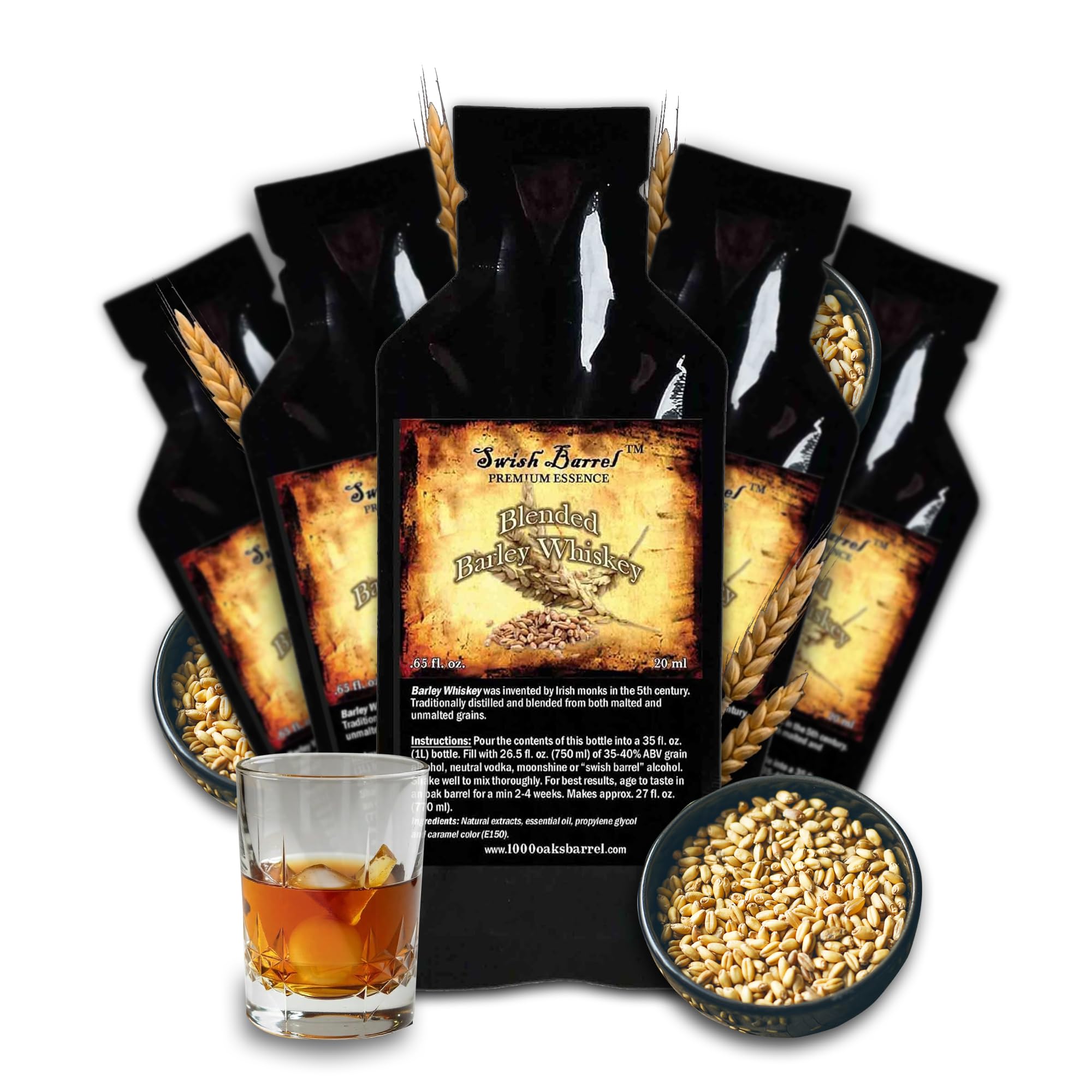 Blended Irish Barley Whiskey Flavoring Essence (5 Pack) Liquor Flavor Refill Packets for Bootleg Kits & Barrel Aging, Swish Barrel Extract for Cocktails, Mixology & Moonshine Distilling 5x20ml (.65oz)