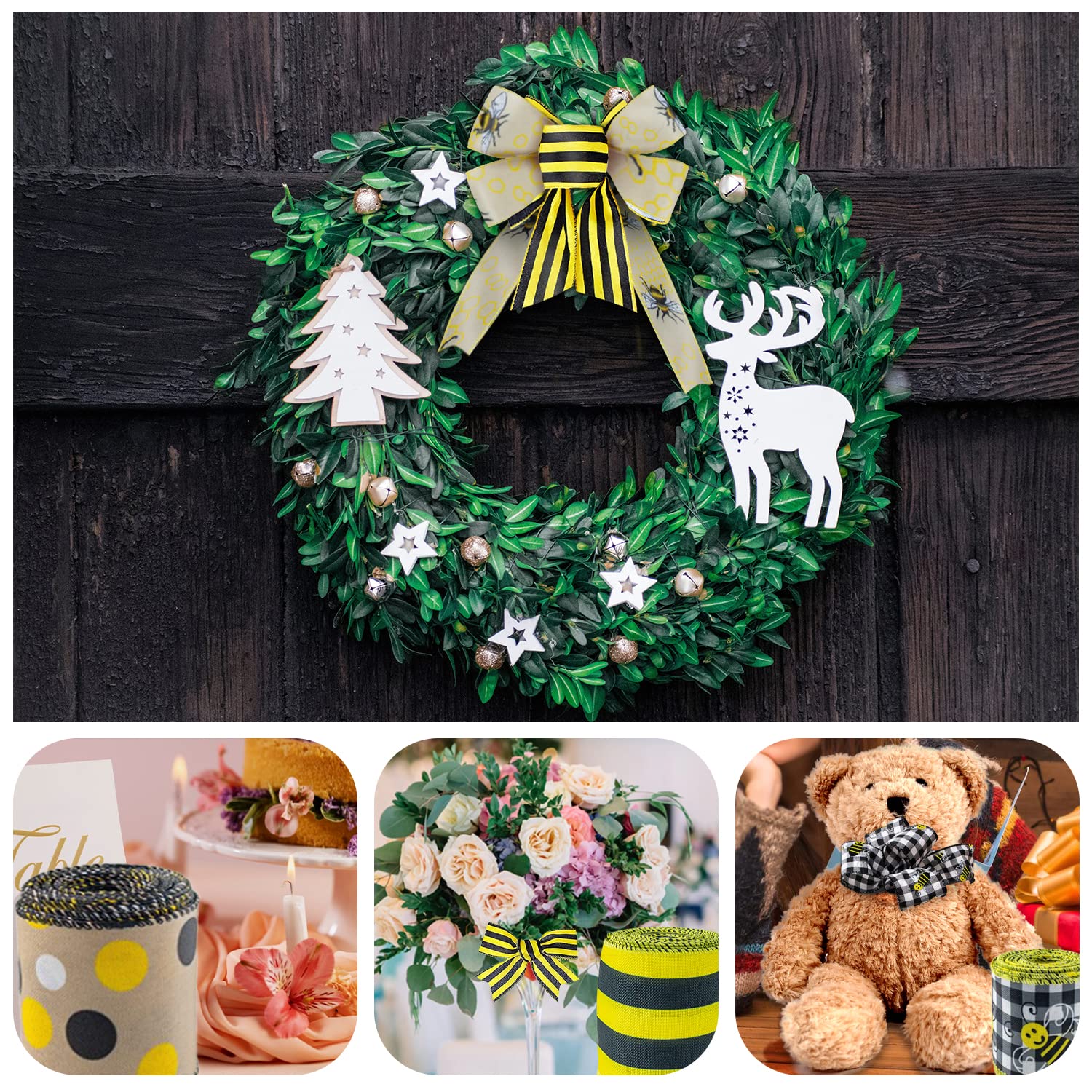 Bee Wired Edge Craft Ribbon 2.5" X 12 Yards - Honeybee & Honeycomb Pattern For Gift Wrapping, Bows & DIY Decor