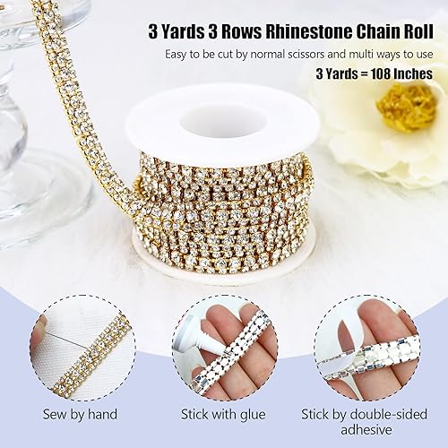 Miniatura 2 de Towenm Cadena de diamantes de imitación de cristal de 3 yardas y 3 filas para manualidades, cadena de cierre de diamantes de imitación de cristal