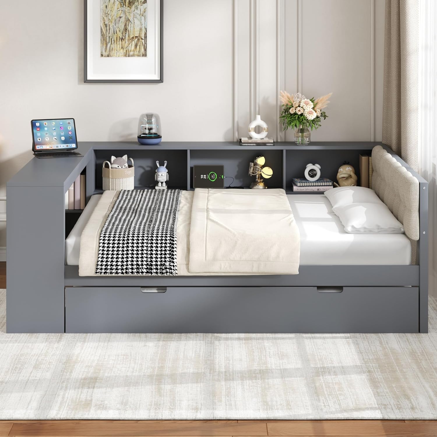 VilroCaz Daybed with L-shaped storage shelves and desk