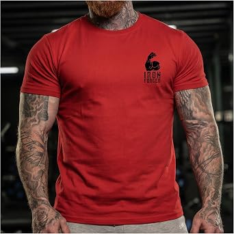 GYMTIER Iron Forged Men's Gym T-Shirt Bodybuilding Training Workout Lifting Top Clothing, Red, 4XL