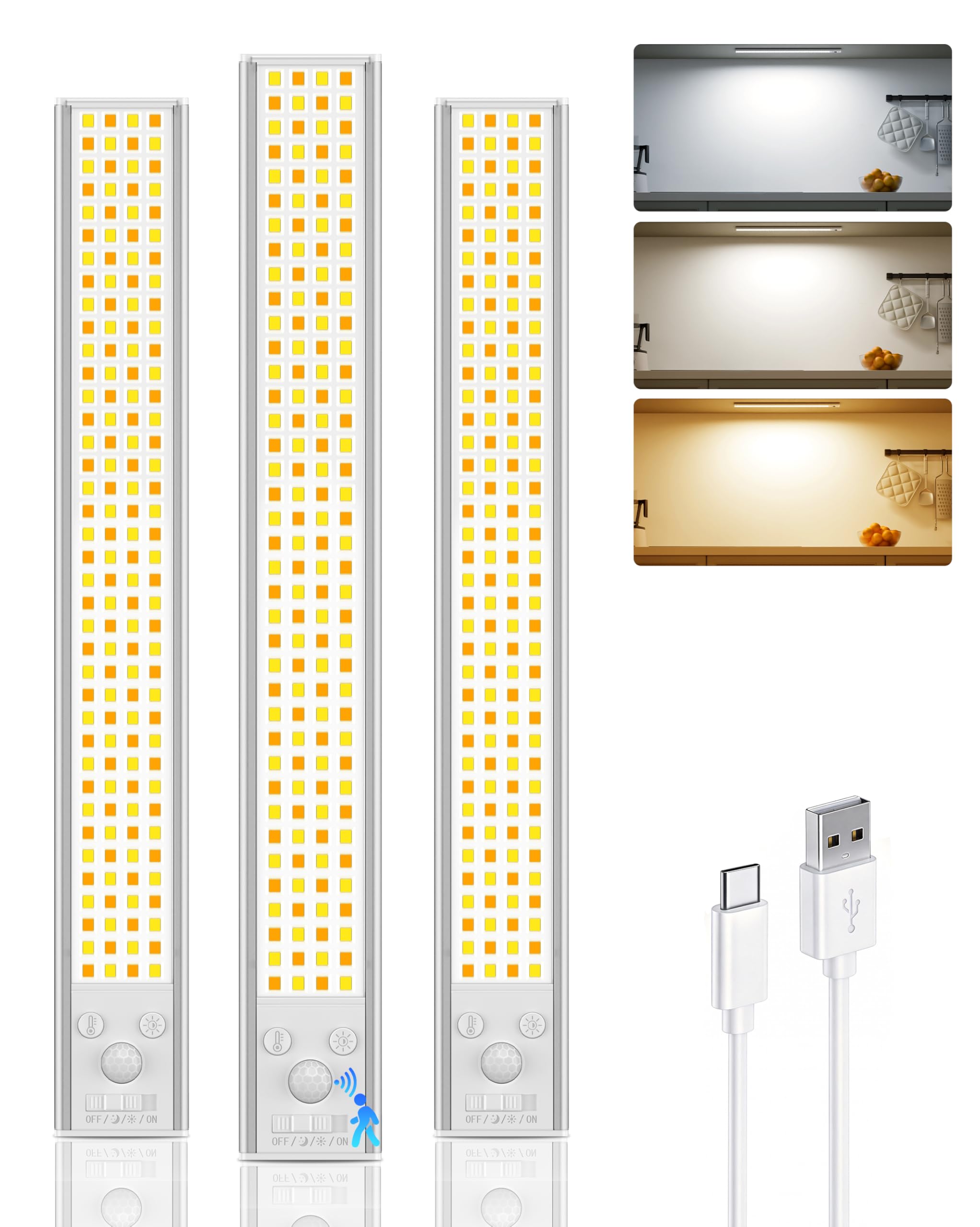 30,5 cm Unterschrankbeleuchtung, kabellos, 152 LED Bewegungsmelder-Licht für den Innenbereich, über USB wiederaufladbare Schrankleuchten, 3 Farbtemperaturen und dimmbar, zum Aufkleben unter