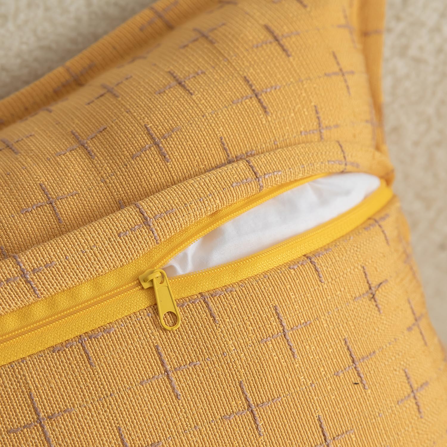 Mandioo Pack of 2 Burlap Linen Cushion Covers Woven Textured Modern Farmhouse Throw Pillow Cases Decorative Couch Sofa Bed Living Room 24 x 24 Inch 60x60 cm Yellow - Image 3