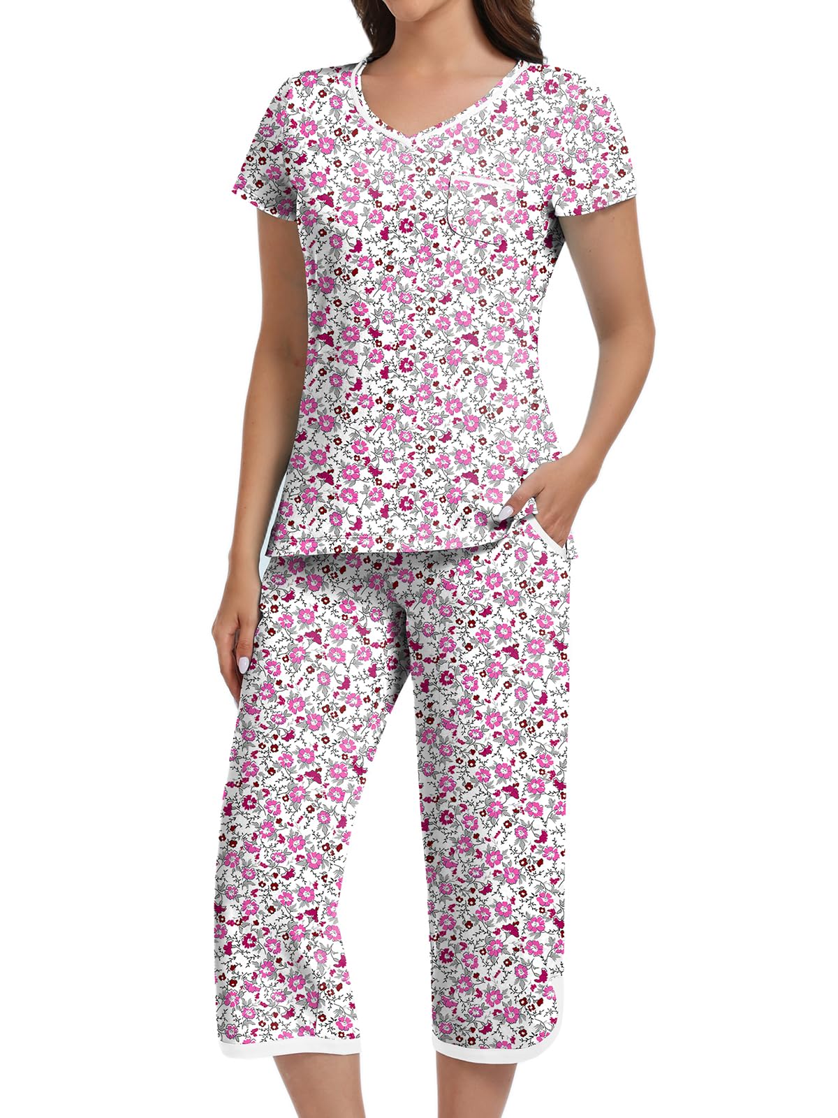 Two Piece Outfits Womens Pajamas Short Sleeve Sleepwear Tops and Capri Pants Pjs Print Pajama Sets