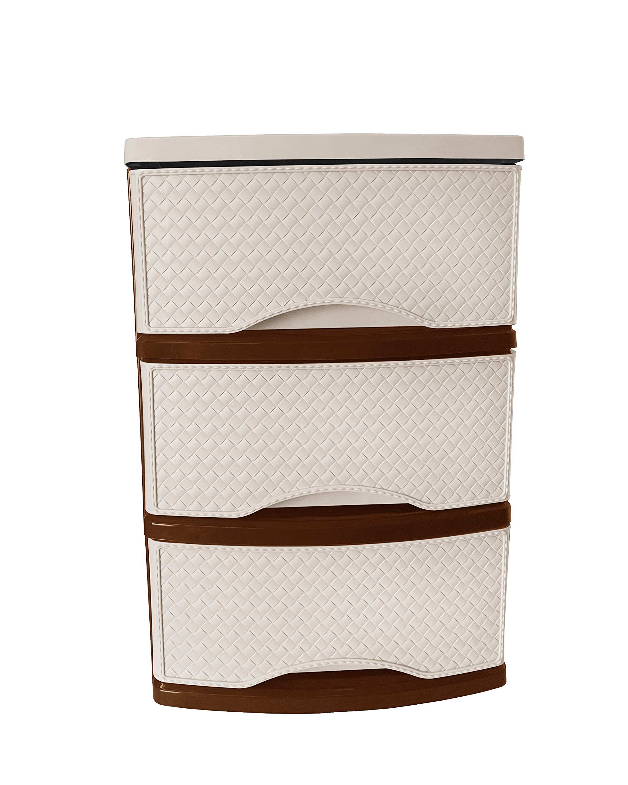 M1ss Beige With Brown 3 Drawers Rattan Design Plastic Desktop Storage Unit Plastic Modular Storage Tower Tabletop Organiser Perfect For Children's Toys Office Bedroom (Beige With Brown)
