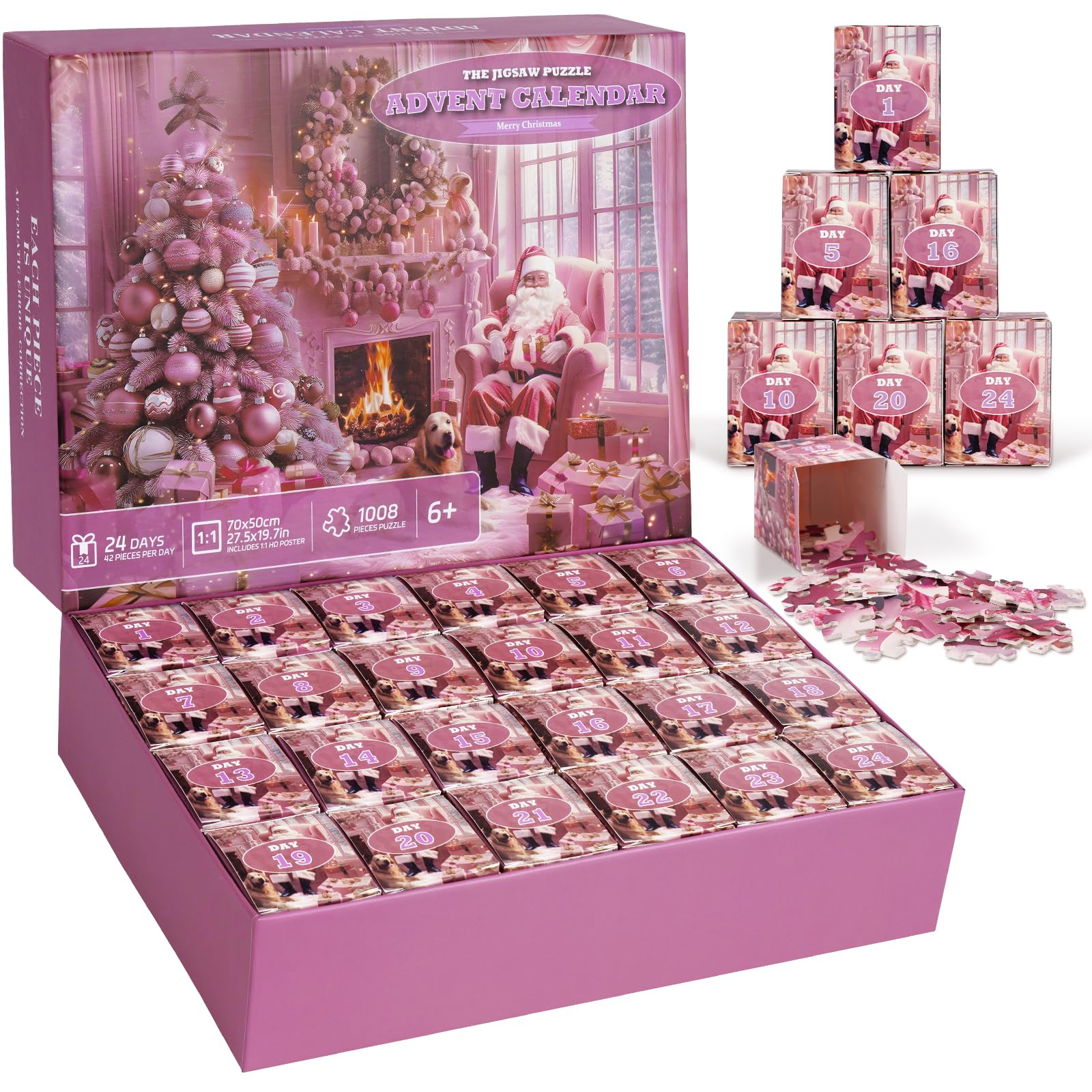 1008 Pieces Pink Jigsaw Puzzles, 24 Days Puzzle Gift for Kids & Adults,Fun Holiday Gift for Girls,Boys,Teens,Family