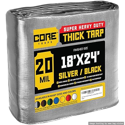 Core Tarps Extreme Heavy Duty 20 Mil Tarp Cover, Waterproof, UV Resistant, Rip and Tear Proof, Poly Tarpaulin with Reinforced Edges for Roof, Camping, Patio, Pool, Boat (Silver/Black 18 X 24?)