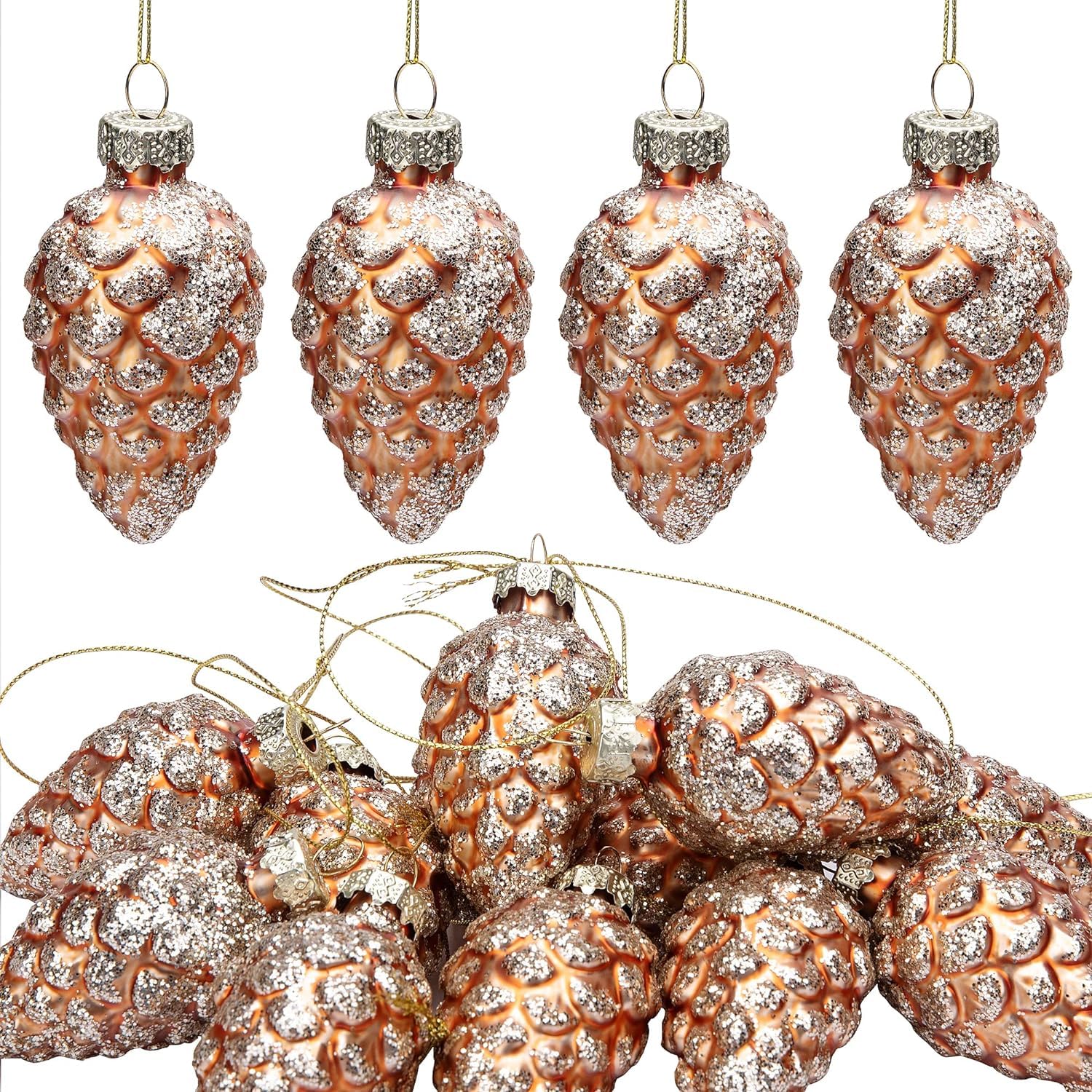 DSGUO FUSU 12 Pcs Christmas Pinecone Glass Ornaments- Fall Hanging Pine Cone Painted Glass Ornaments- Glitter Pinecone Christmas Ornament for Xmas Tree DIY Crafts Christmas Decoration