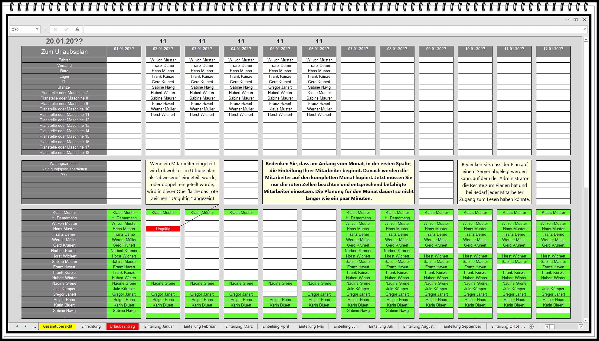 Belegungsplan für Maschinen oder Personal Dienstplan Schichtplan Einsatzplan erstellen in Excel