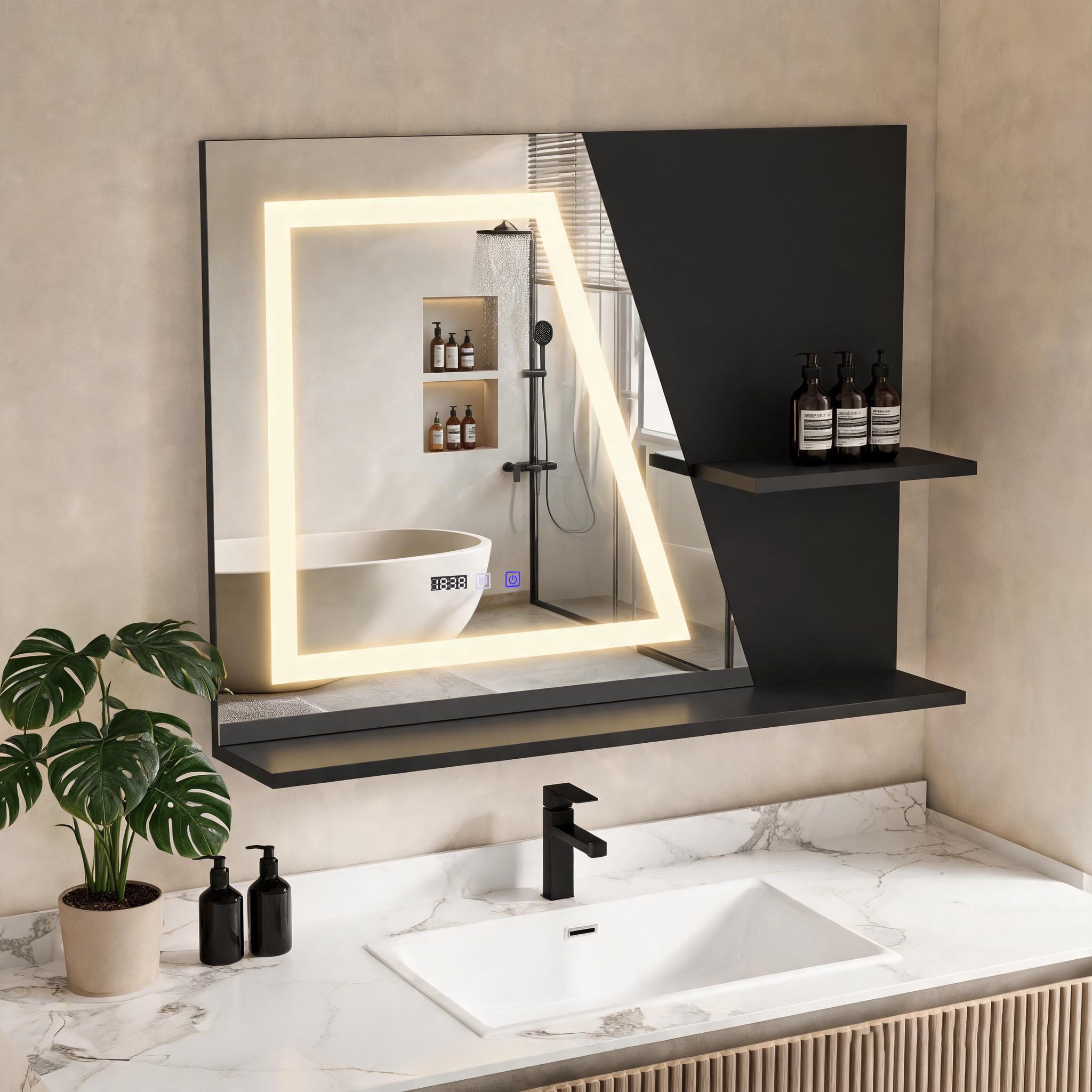 YU YUSING Specchio Bagno LED 80x60 cm con 2 Ripiani, Specchio da Parete con Led, 3 Colori, Luce Regolabili, Contro Touch, Display dell'Ora e Temperatura, Antiappannamento, IP44, Moderno, Nero