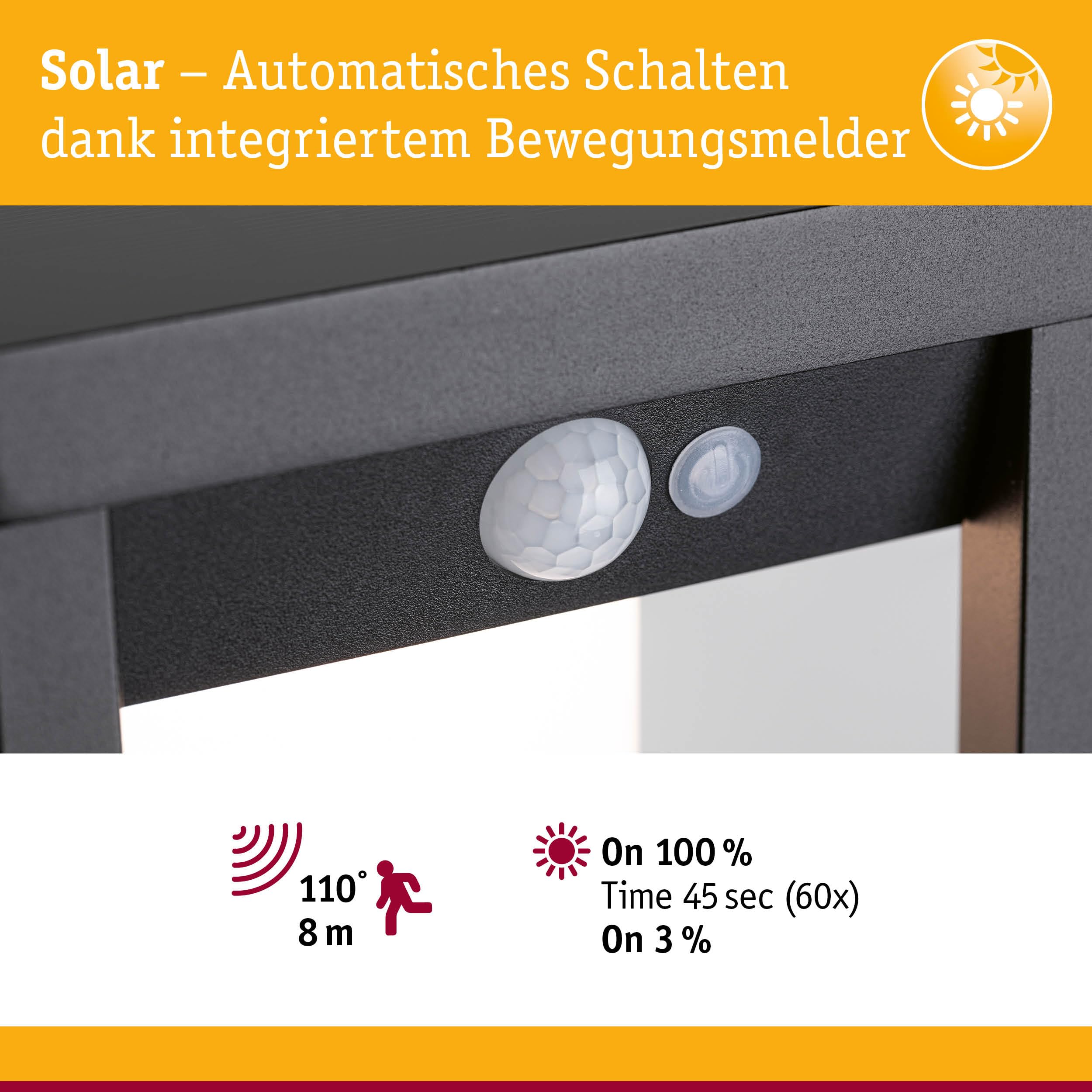 Paulmann 94573 LED Solar Lichtobjekt Marisol mit Bewegungsmelder IP44 incl. 1x5,5 W Warmweiß Schwarz kabellos Kunststoff wiederaufladbar 3000 K