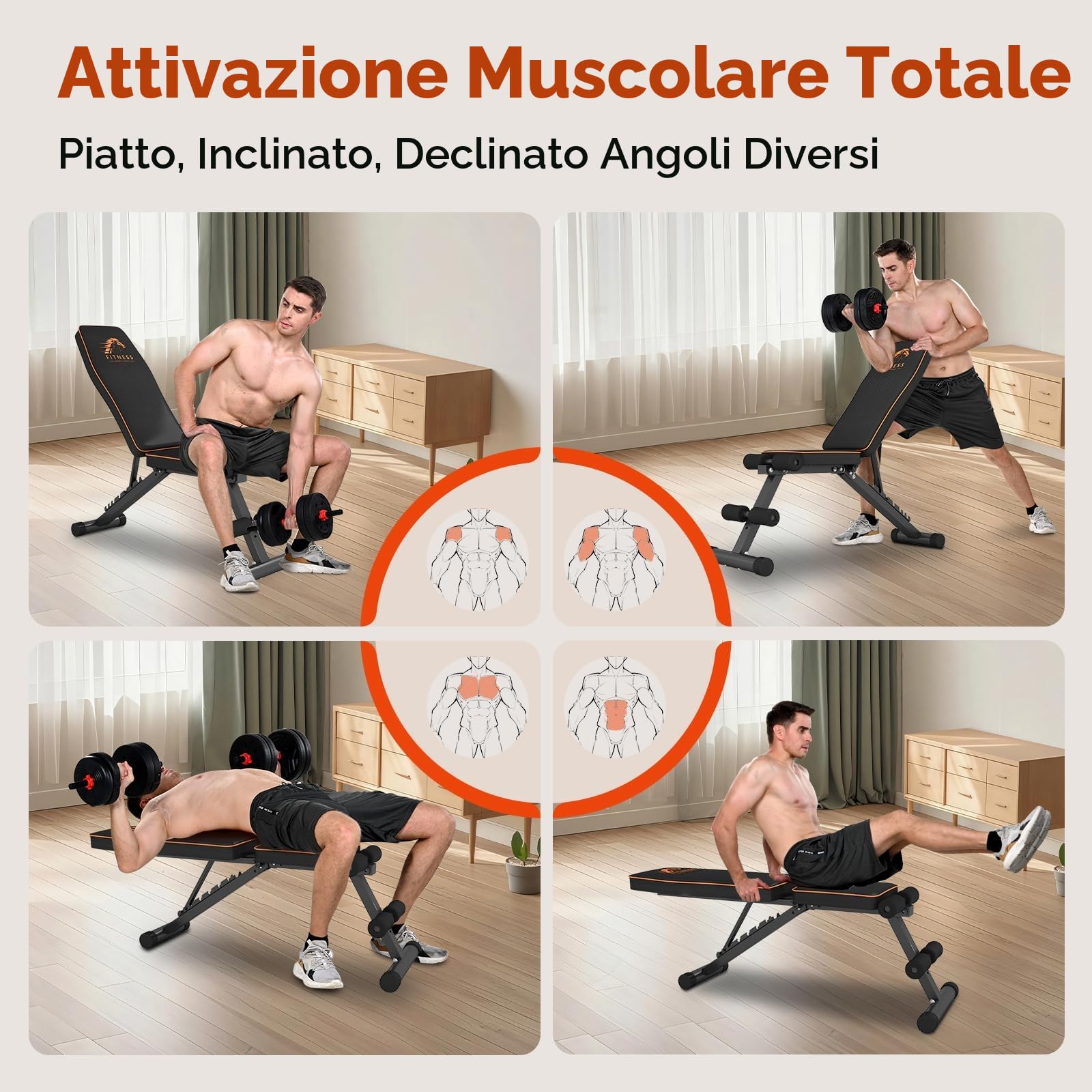 Panca Palestra Regolabile Pieghevole, Panca Palestra con 8 Posizioni Dello Schienale Regolabile, Inclinabile & Piana Panca Pesi per Allenamento con Bande di Resistenza