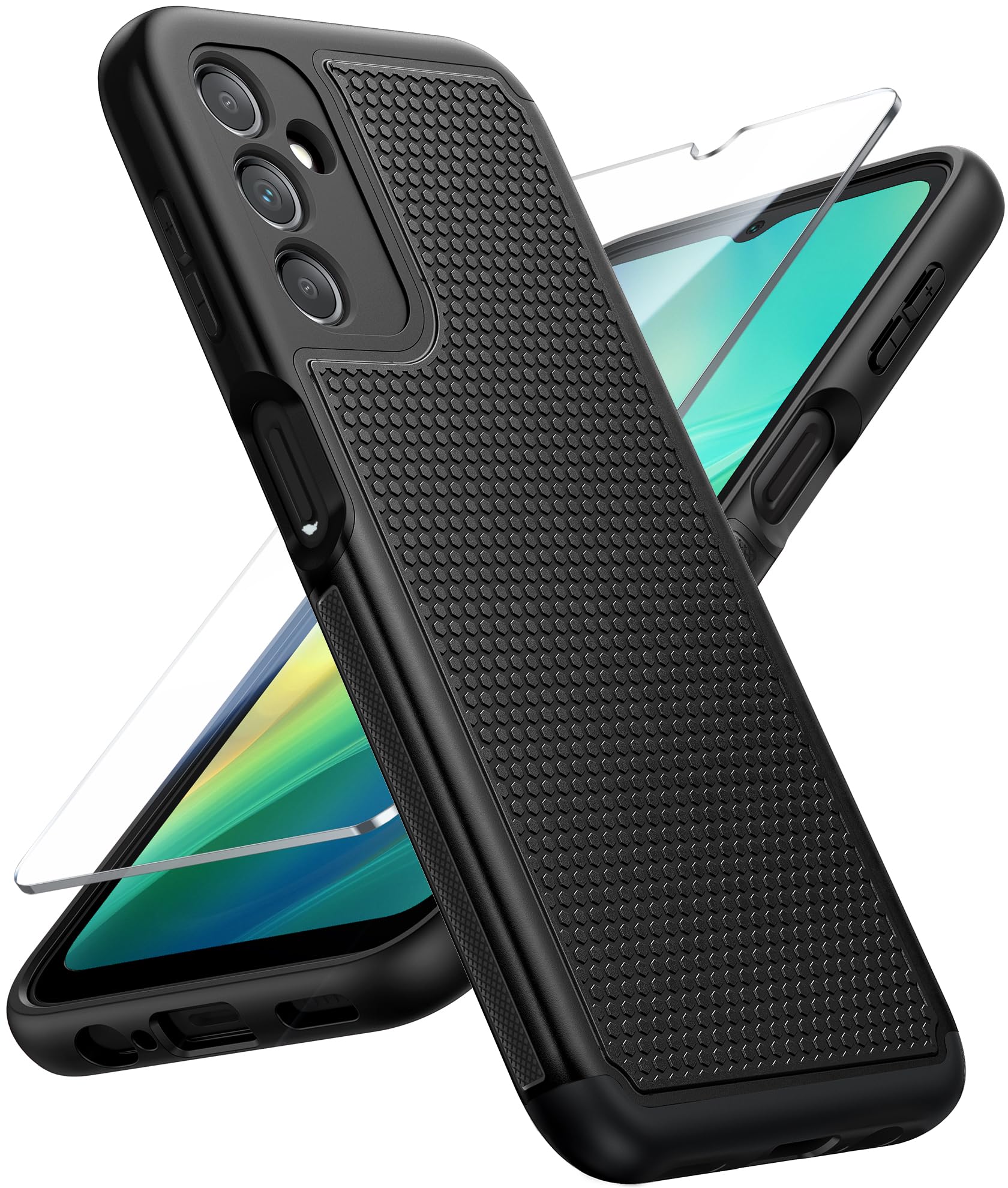 FNTCASE for Galaxy A14-5G Phone Case: Samsung Dual Layer Non Slip Cover | With Screen Protector, Military Grade Shockproof Drop Protection, Matte Textured Protective Cases for Daily Use, Black